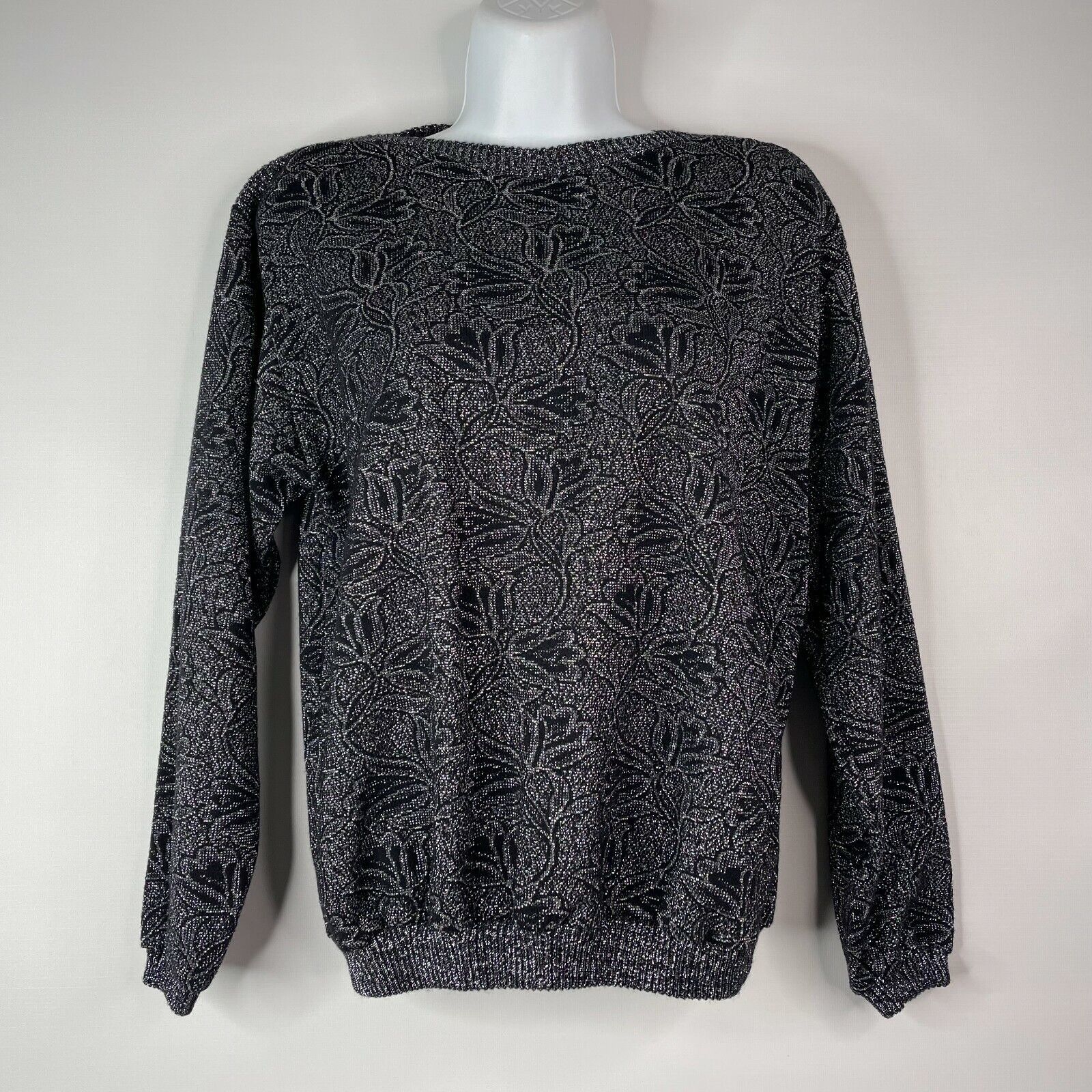 Vintage 70s Allura Black Silver Lurex Floral Boat Neck Sweater | Grailed