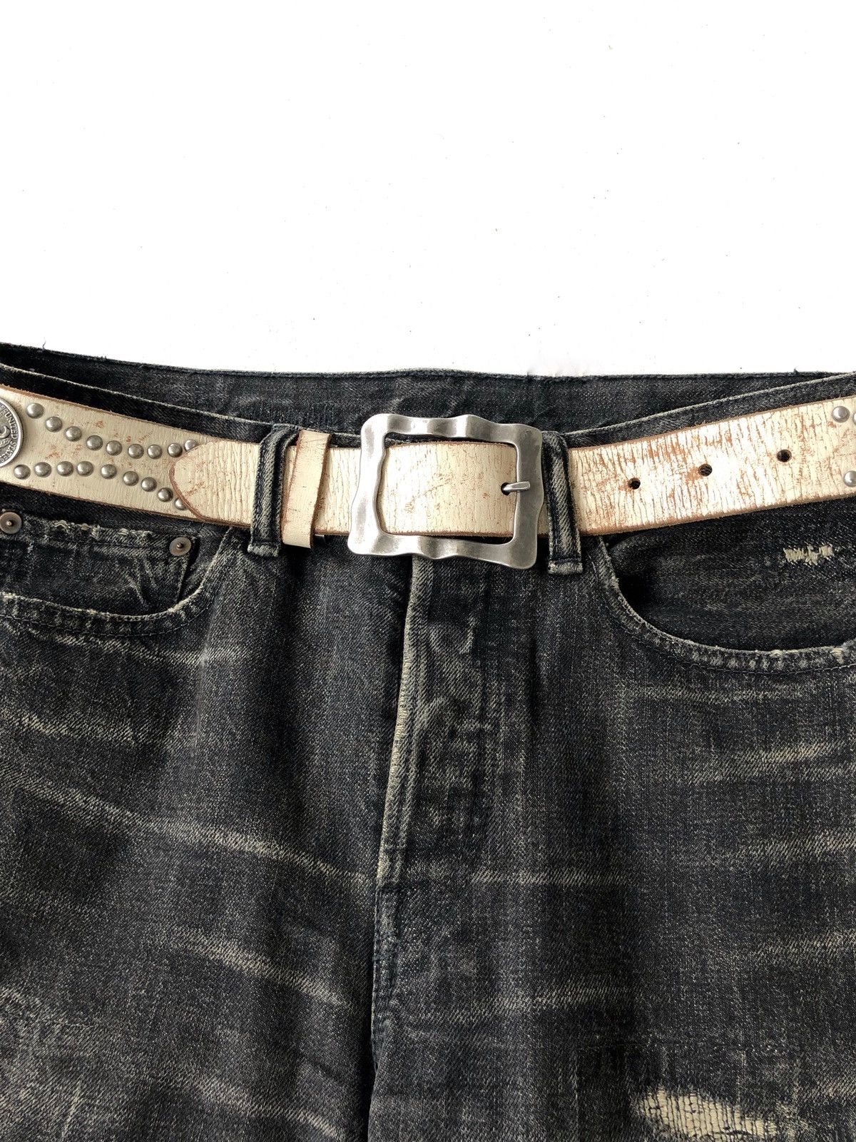 Genuine Leather Vtg 🇺🇸 Half Dollar Brass Buckle Rocker Leather Belt Size ONE SIZE - 4 Thumbnail
