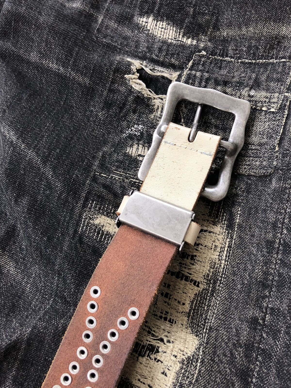Genuine Leather Vtg 🇺🇸 Half Dollar Brass Buckle Rocker Leather Belt Size ONE SIZE - 6 Thumbnail