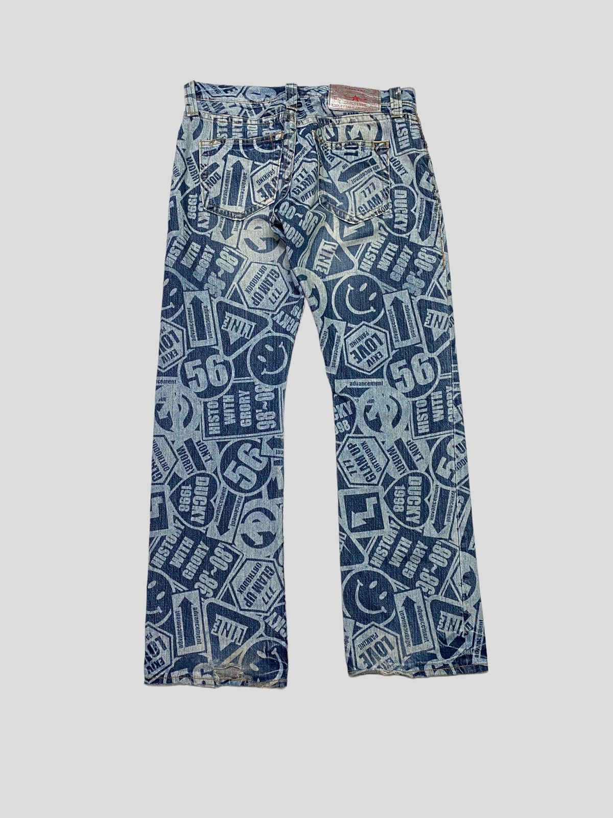 Japanese Brand Vintage Co&Lu All Over Acid Wash Printed Effect Smiley Jeans Size US 30 / EU 46 - 2 Thumbnail