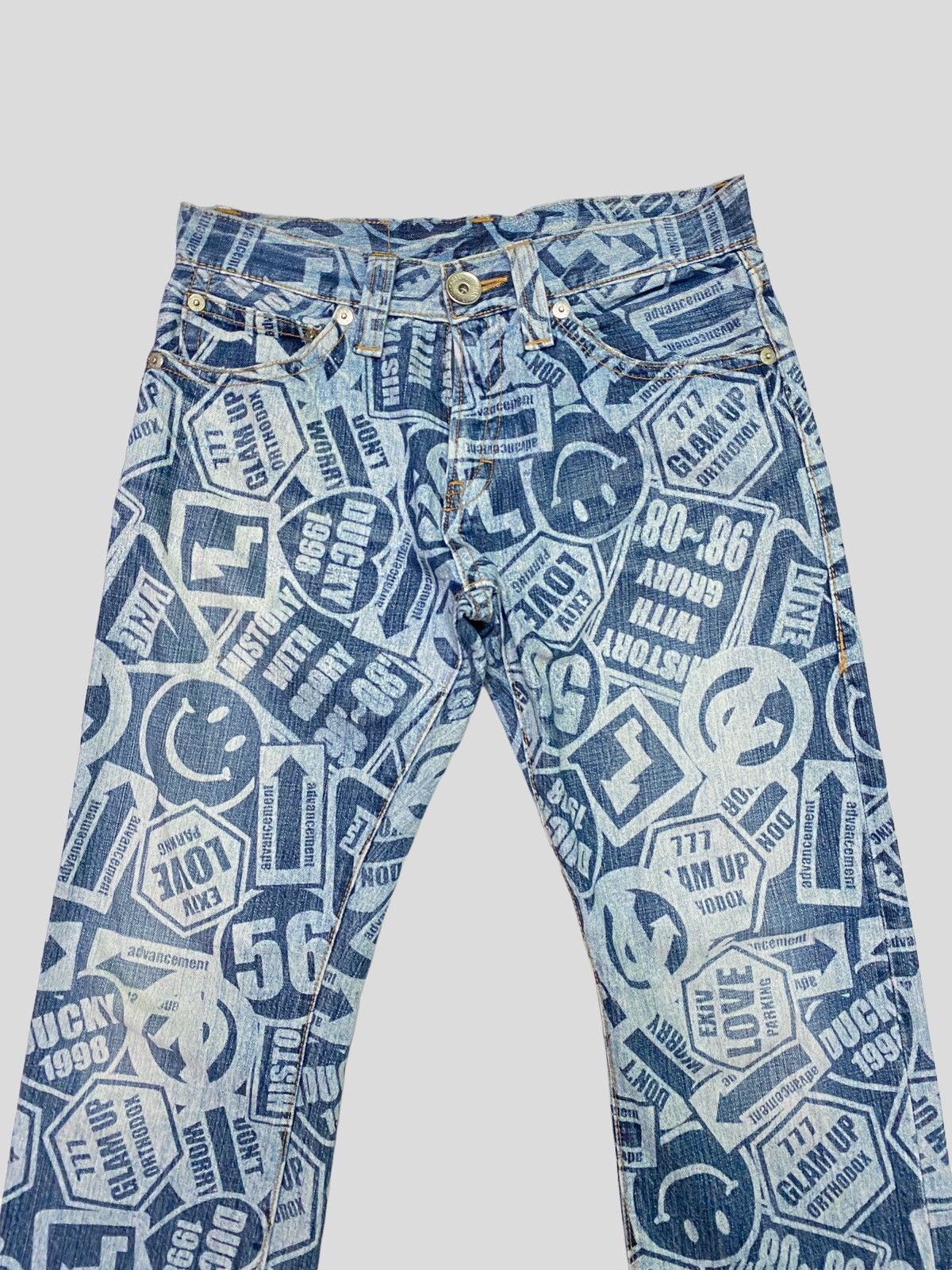 Japanese Brand Vintage Co&Lu All Over Acid Wash Printed Effect Smiley Jeans Size US 30 / EU 46 - 5 Thumbnail