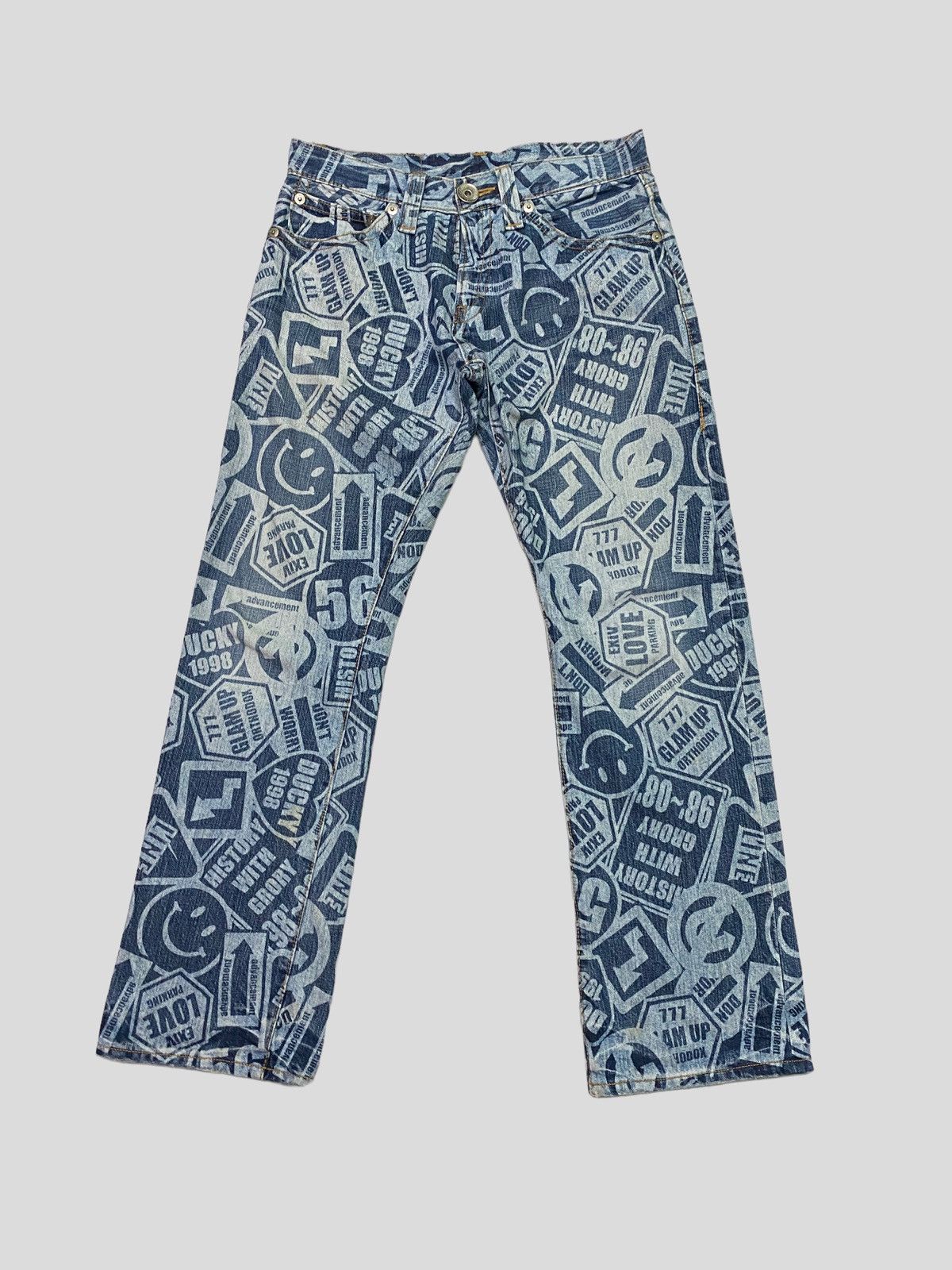 Japanese Brand Vintage Co&Lu All Over Acid Wash Printed Effect Smiley Jeans Size US 30 / EU 46 - 1 Thumbnail