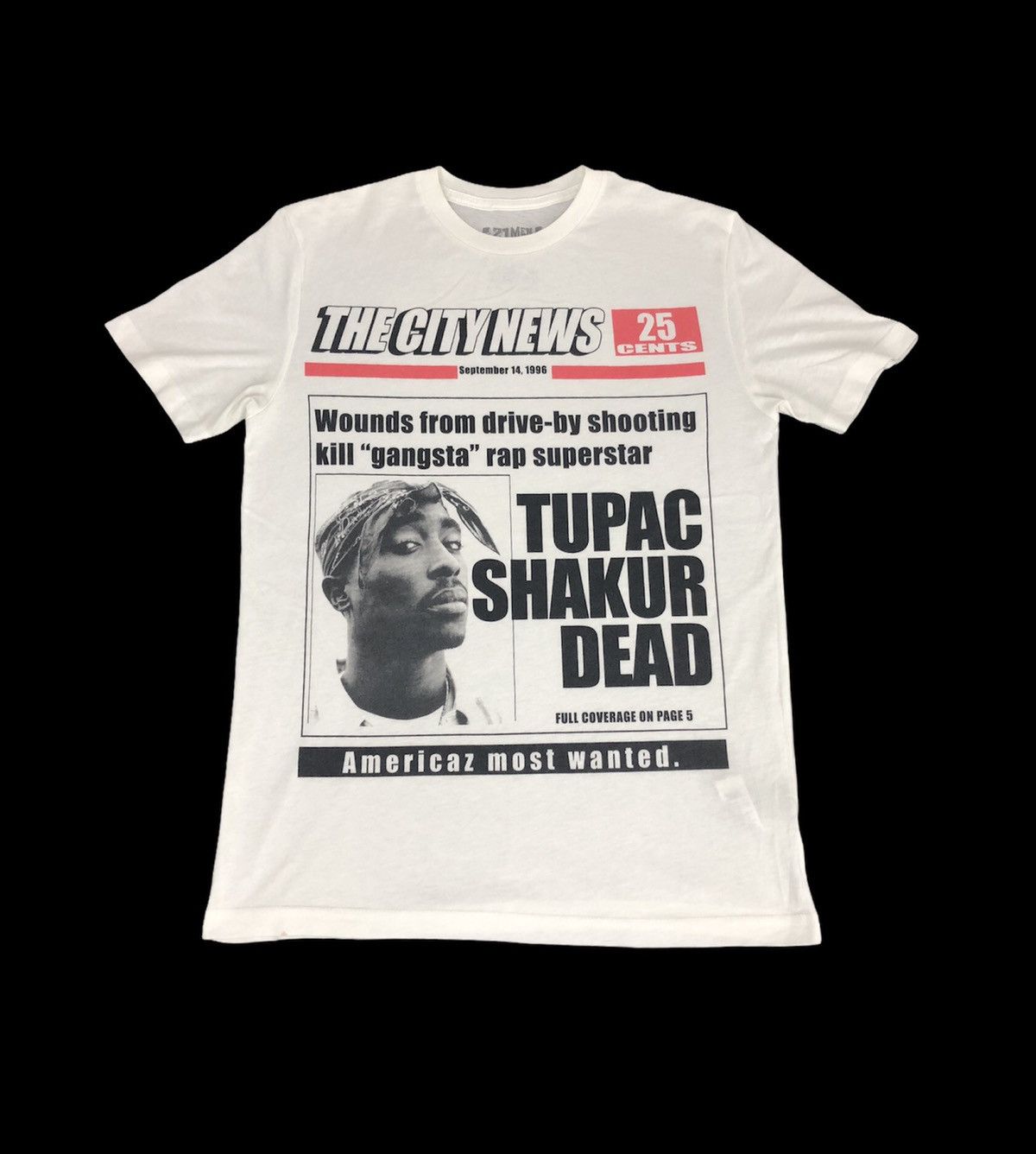 image of Band Tees x Rap Tees Tupac Shakur 2Pac Dead Breaking News Tee in White, Men's (Size Small)