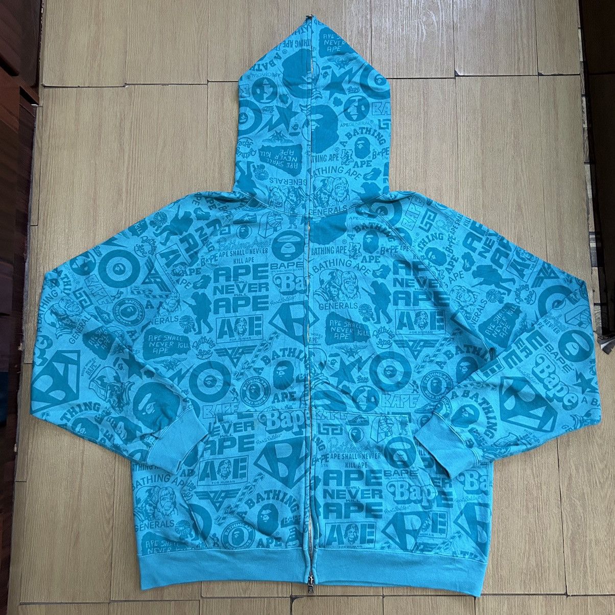 image of Bape Og A Bathing Ape All Over Print Logos Full Zip Hoodie in Mint Green, Men's (Size Large)