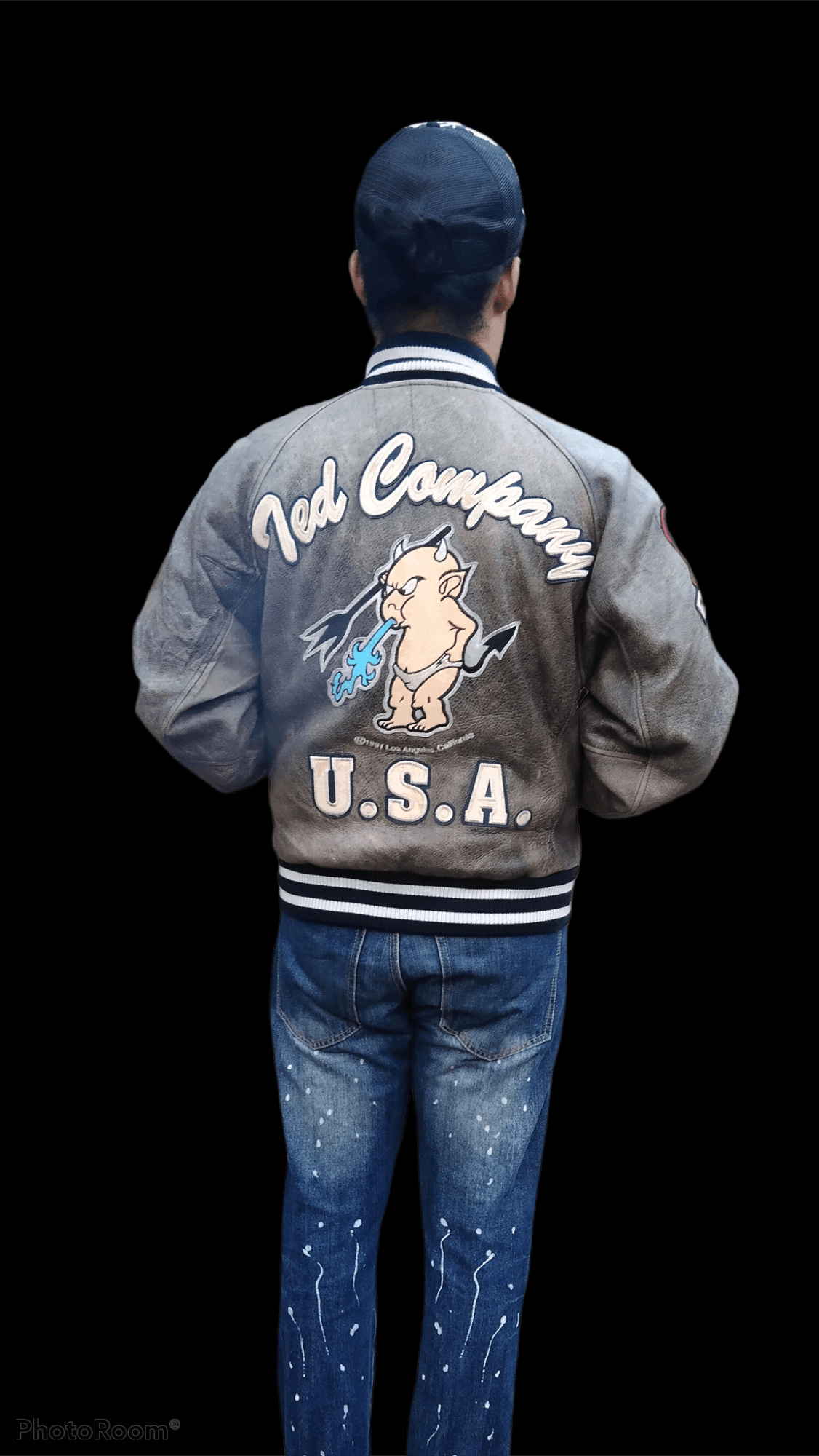 image of Avant Garde x Leather Jacket Thrash Fade The Little Devil Varsity Leather Jacket in Faded Black (Si