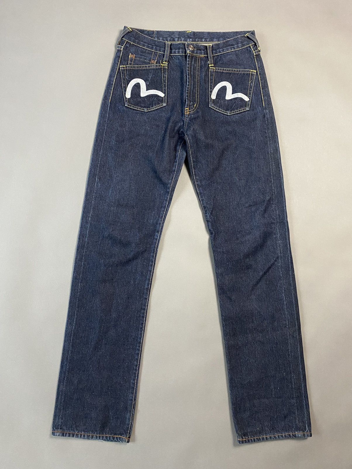 image of Evisu Jeans Front Logo Vintage Navy Denim Pants in Blue, Men's (Size 29)