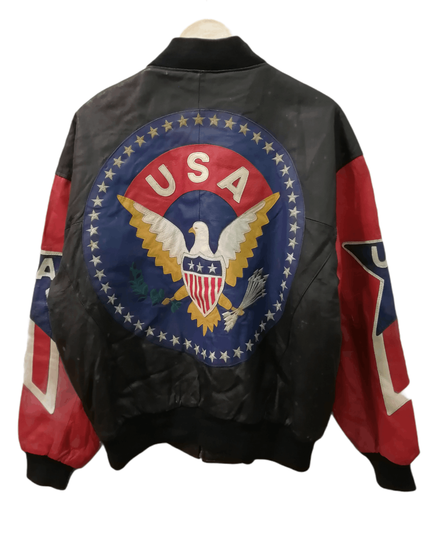 image of Varsity Jacket Gin Urban Varsity Usa Patch Leather Jacket in Black/Red, Men's (Size Medium)