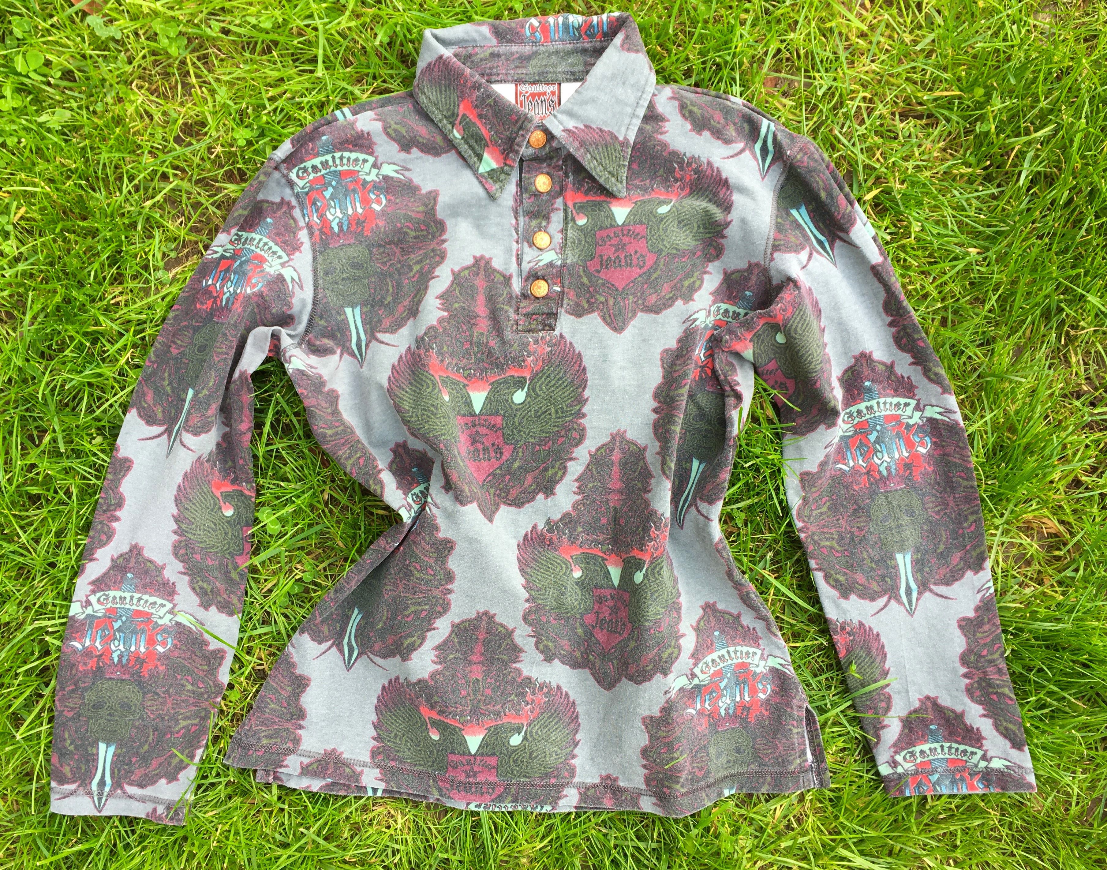image of Jean Paul Gaultier 90's Vintage Dragon Skull Tattoo Top Tee in Gray Red, Women's (Size Medium)