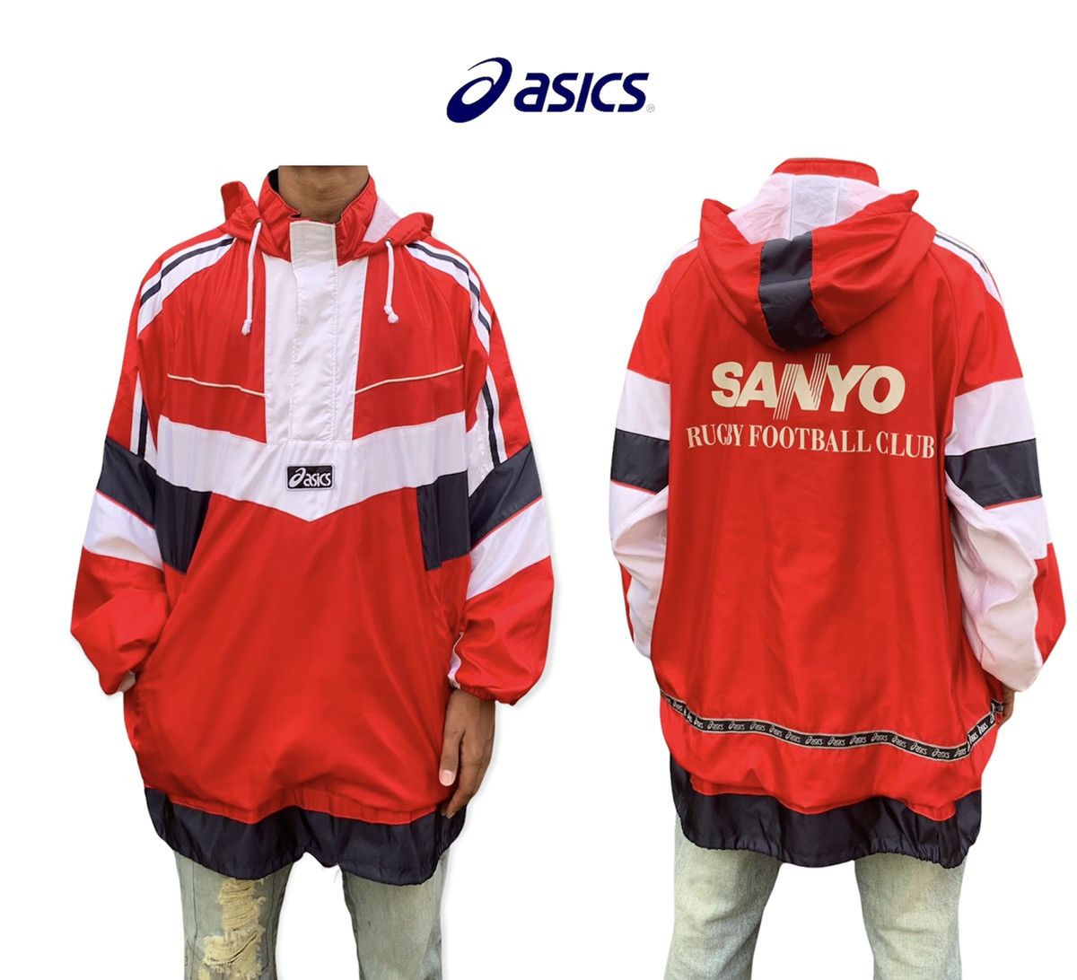 Asics 🔥Vintage Asics Sanyo Rugby Football Club With Hood Size US XL / EU 56 / 4 - 1 Thumbnail