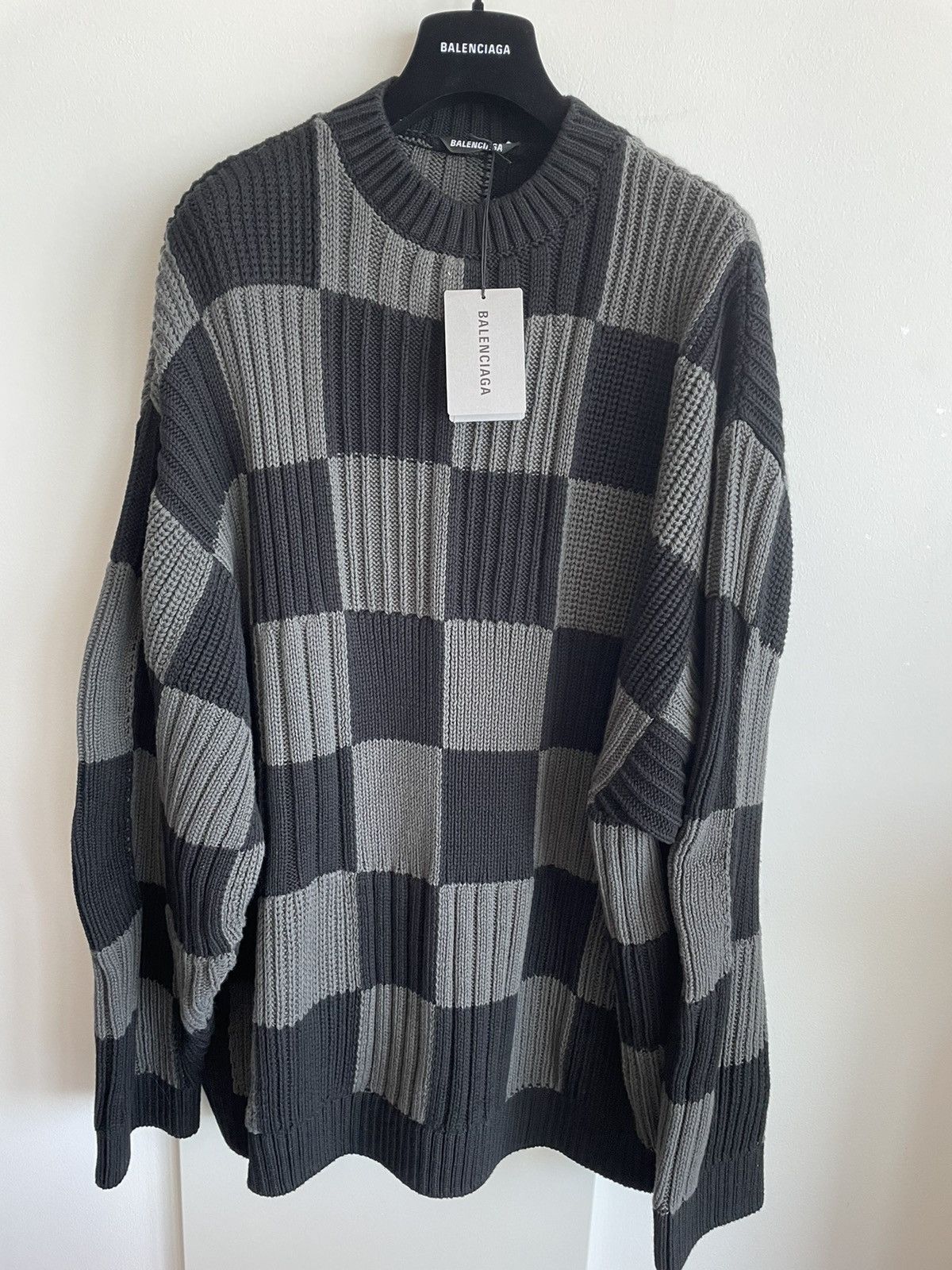 image of Balenciaga Limited Super Runway Oversized Chess Sweater in Grey, Men's (Size 2XL)