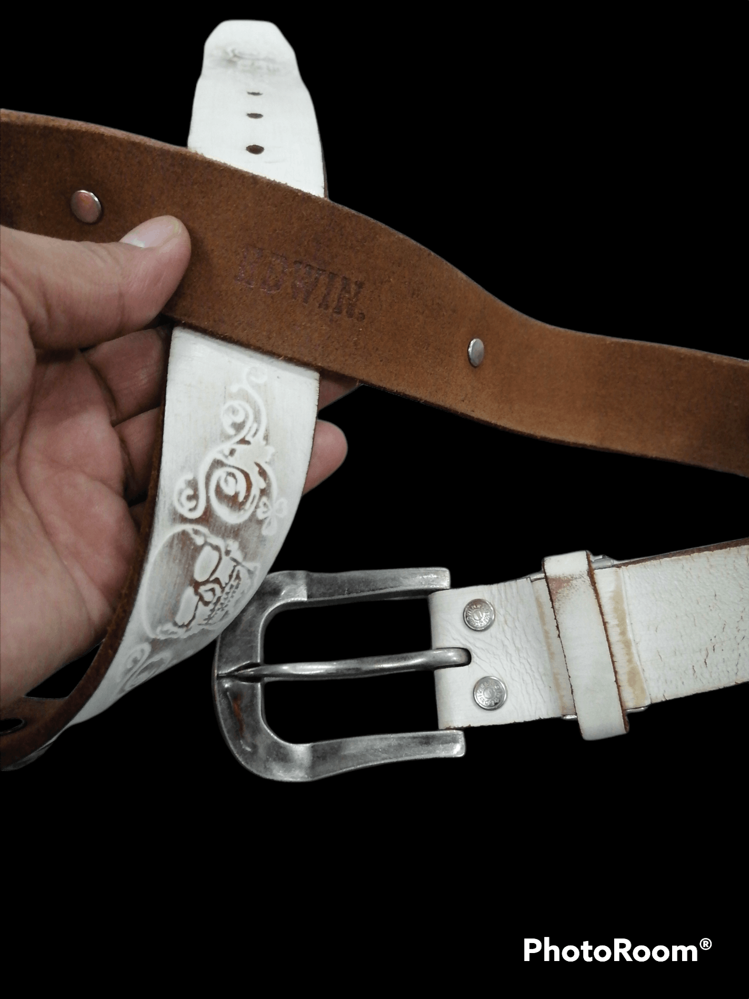 Edwin Edwin Skull Logo Leather Belt Size 32 - 4 Thumbnail