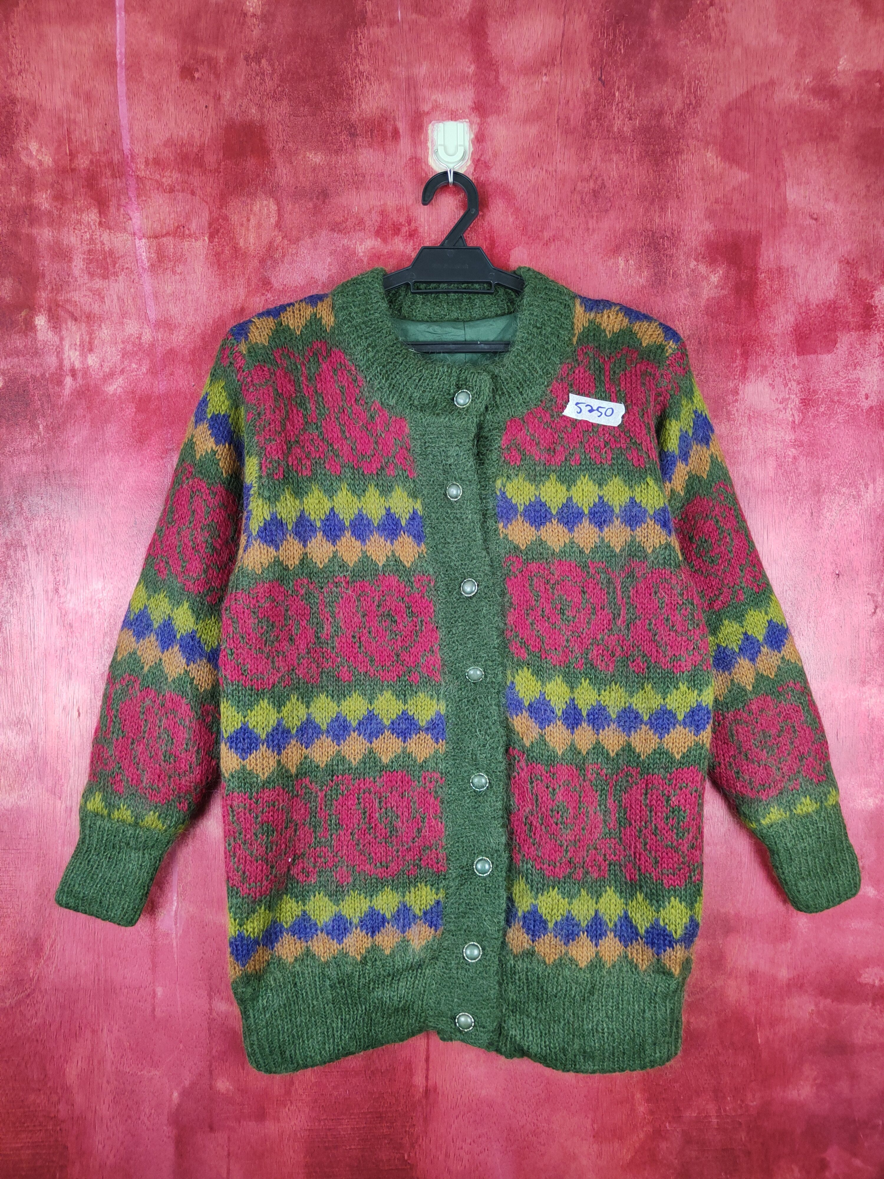 image of Japan Green Mohair Flower Art Cardigan Knitwear 5250, Women's (Size Large)