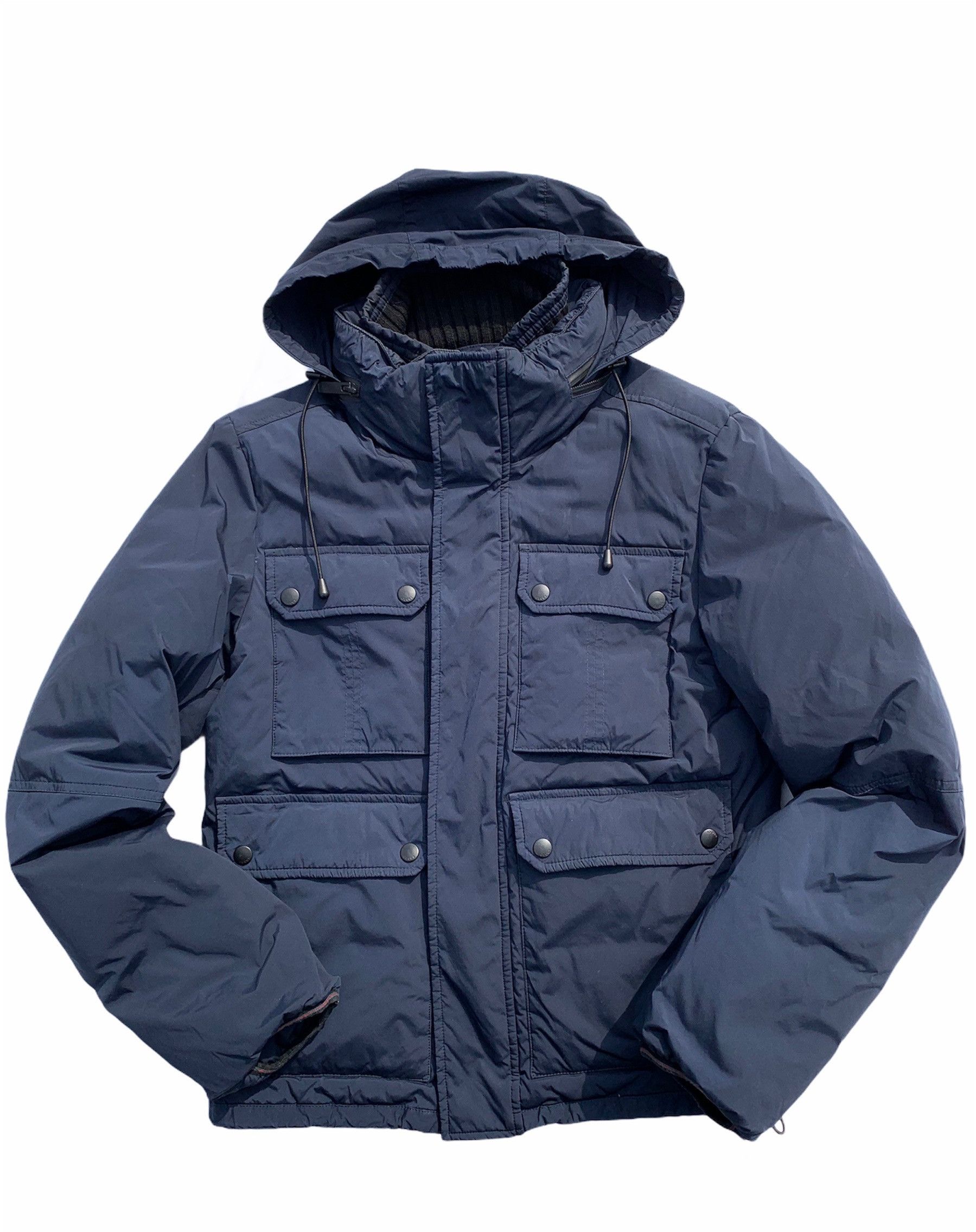 image of Gucci 4 Pocket Down Jacket With Hood Parka Coat in Navy, Men's (Size Small)