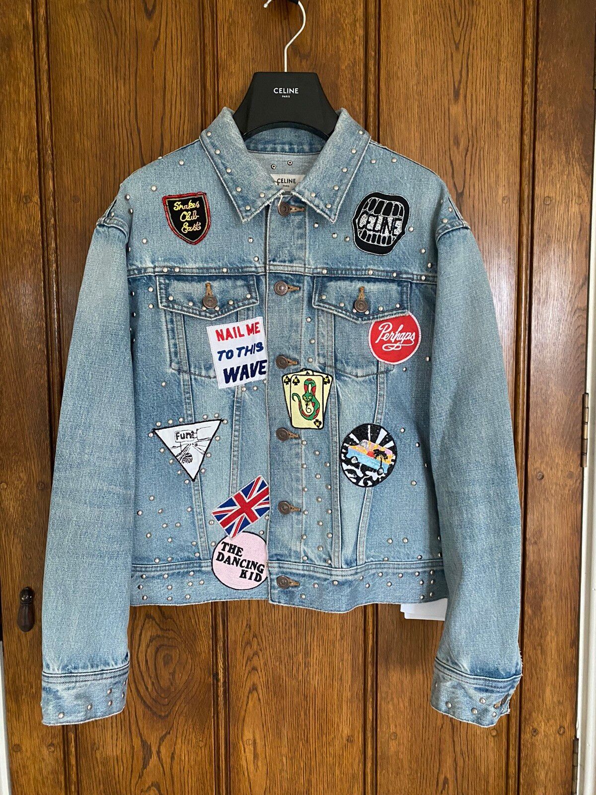 image of Ss21 Celine The Dancing Kid Studded Patch Denim Jacket Star in Blue (Size Small)