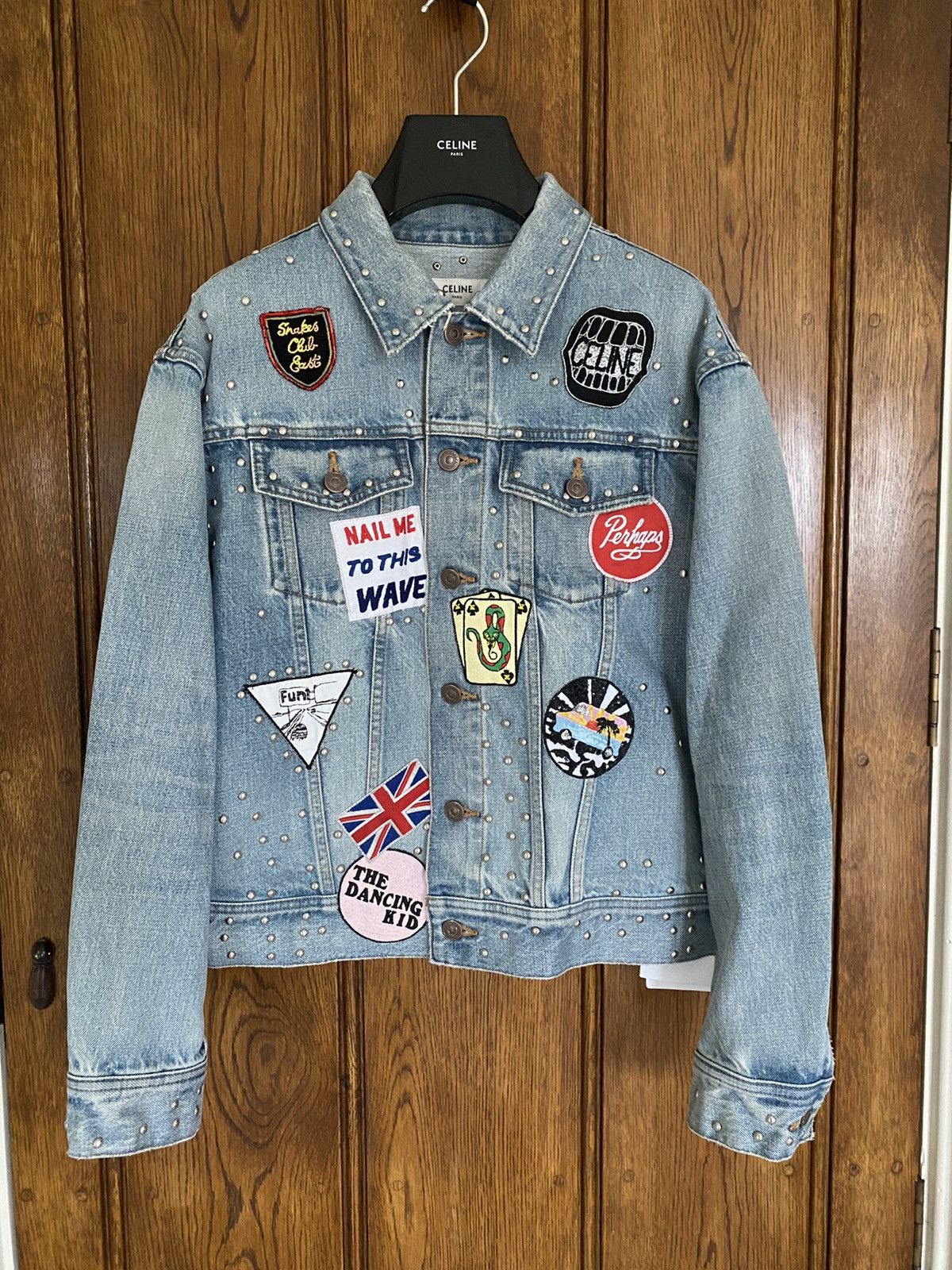 image of Ss21 Celine The Dancing Kid Studded Patch Denim Jacket Star in Blue (Size Small)