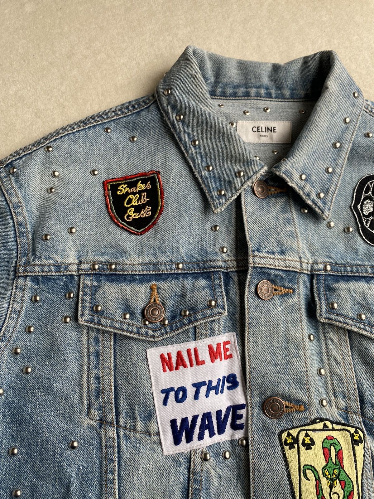 Celine SS21 Celine The Dancing Kid studded patch denim
