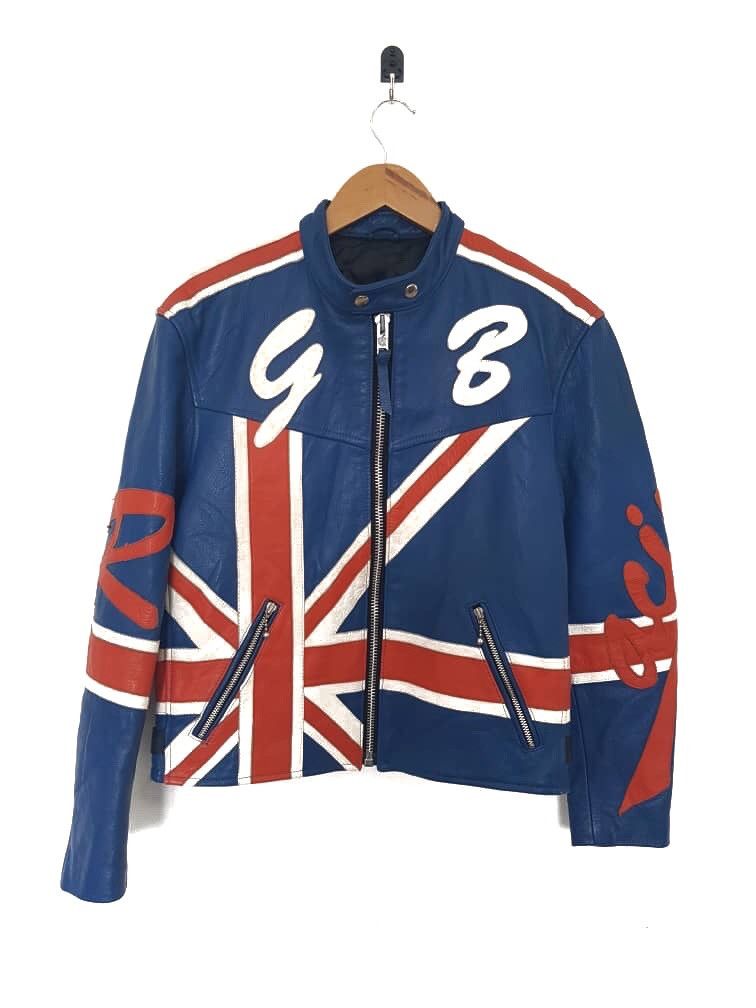 Designer Rare 💥💥Real Leather Jacket Britain Flag Size US M / EU 48-50 / 2 - 2 Thumbnail