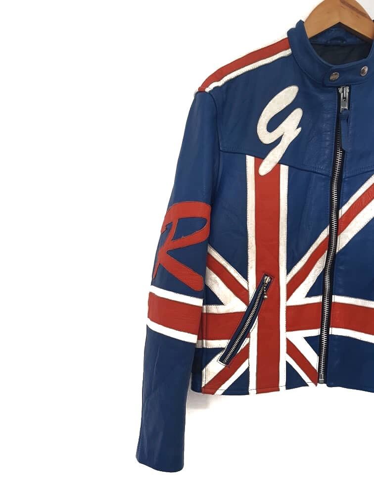 Designer Rare 💥💥Real Leather Jacket Britain Flag Size US M / EU 48-50 / 2 - 5 Thumbnail