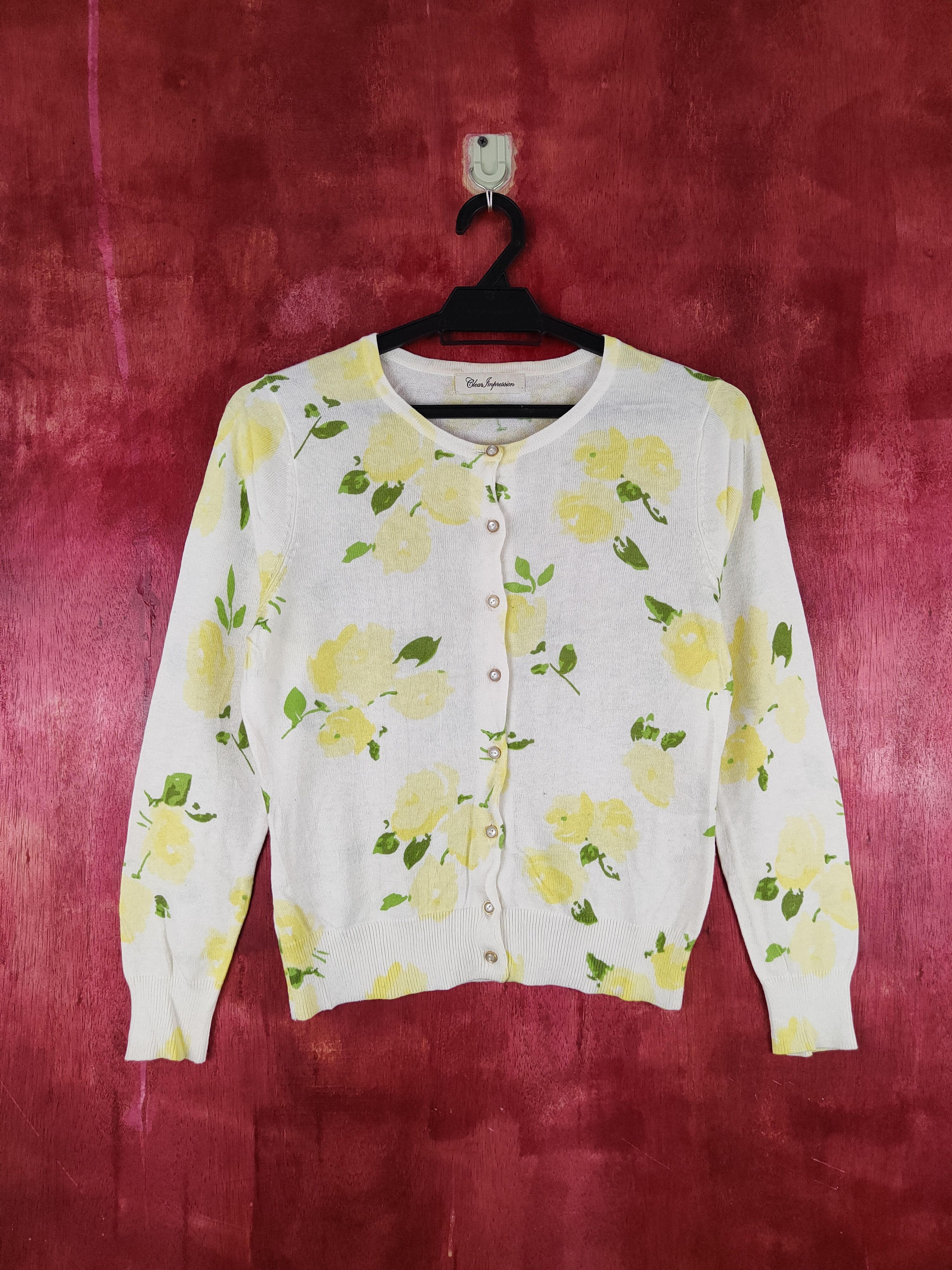 Japanese Brand Clear Impression Yellow/Green Flowers Cardigan #S953 Size S / US 4 / IT 40 - 1 Thumbnail