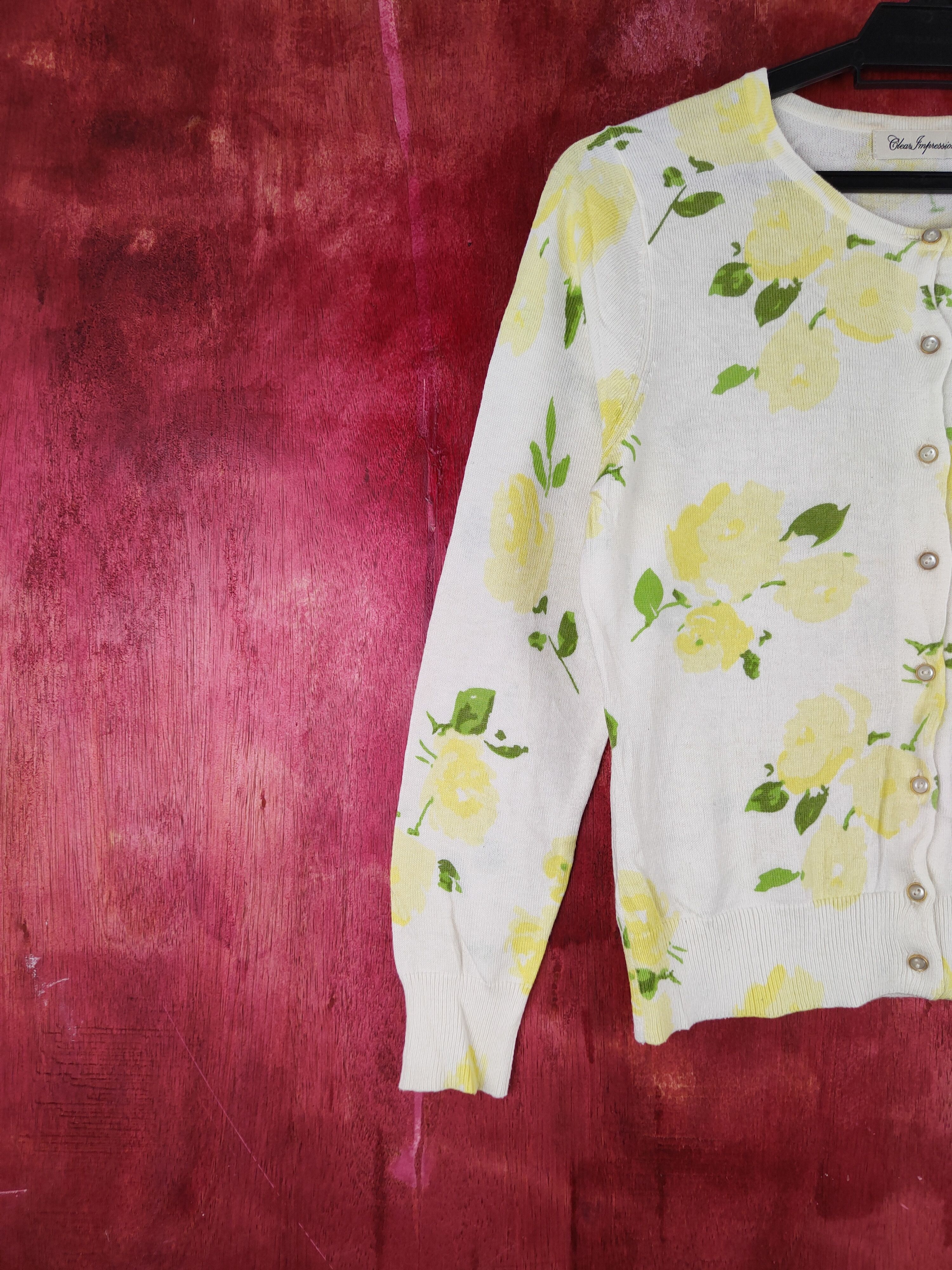 Japanese Brand Clear Impression Yellow/Green Flowers Cardigan #S953 Size S / US 4 / IT 40 - 3 Thumbnail