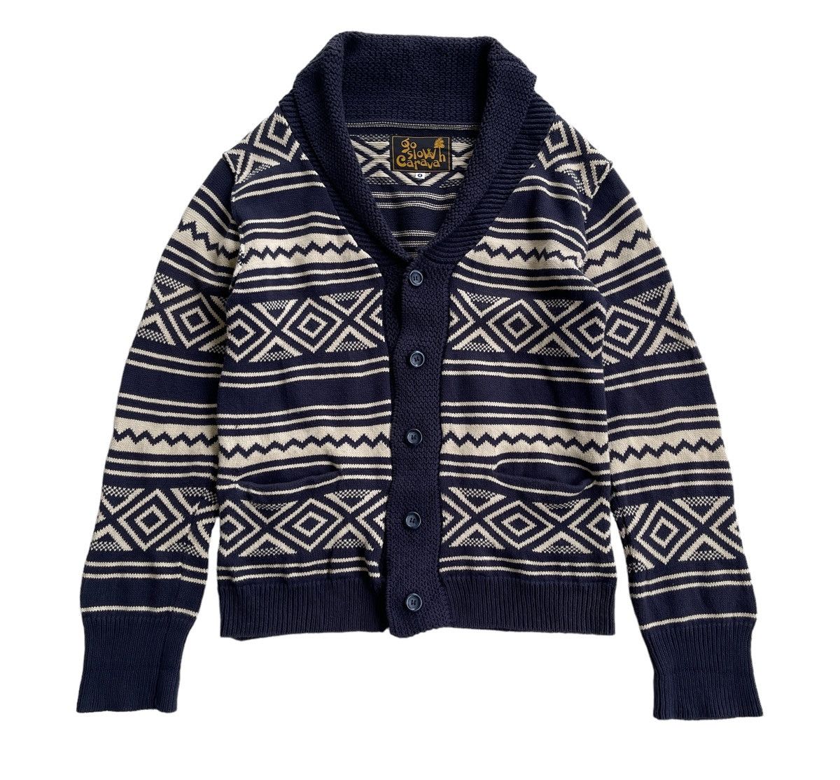 go slow caravan Shawl Collar Cable Knitted Aztec Jacket Size US L / EU 52-54 / 3 - 4 Thumbnail