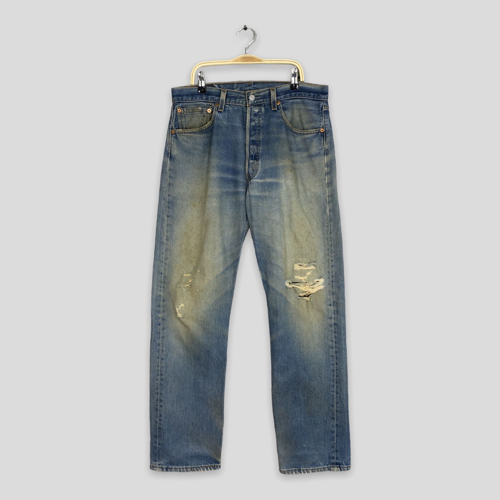 image of Distressed Denim x Levis Size 31X29.5 Vintage 90's Levi's 501 Distressed Ripped Jeans in Blue, Men'