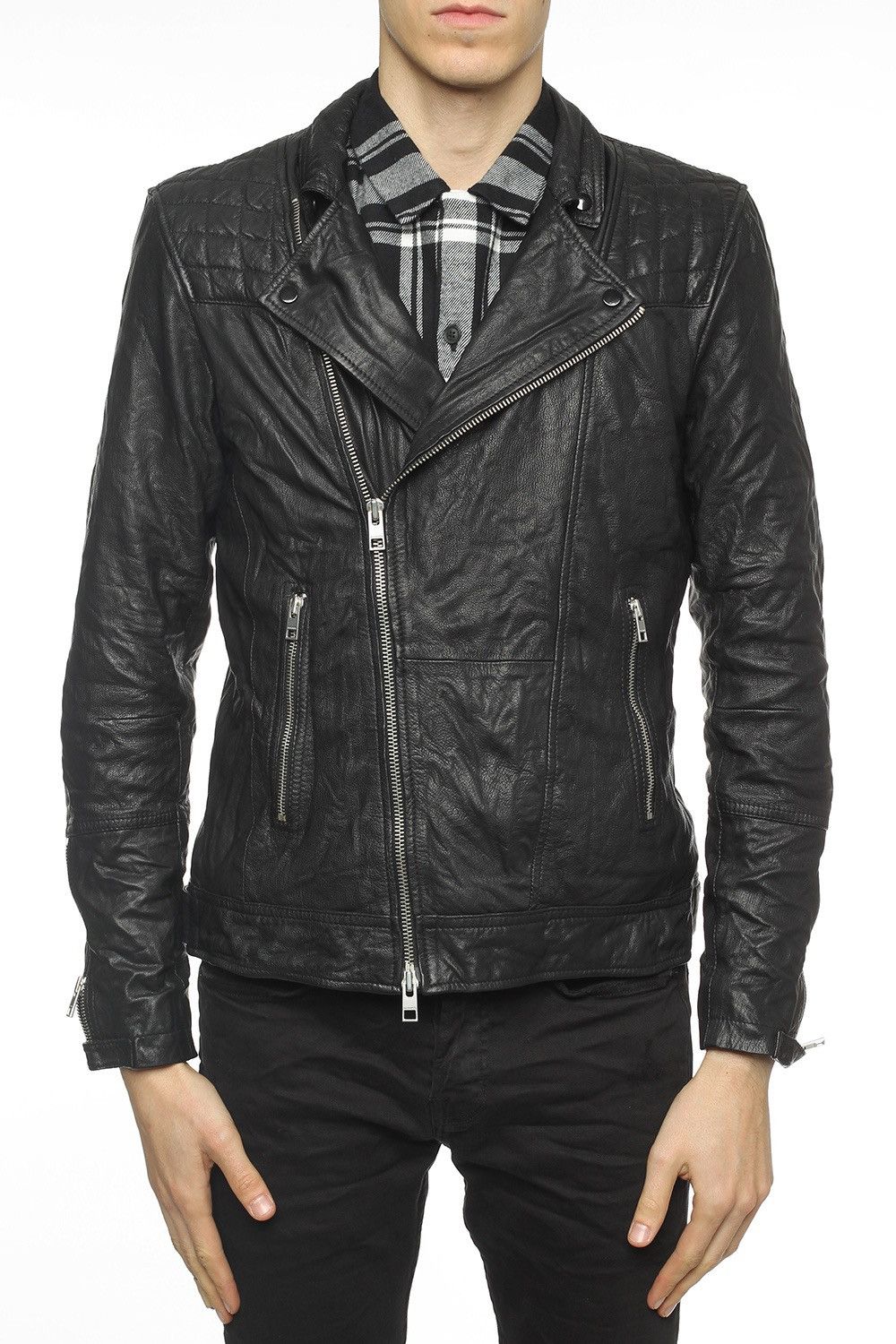 image of Allsaints Kushiro Leather Biker Jacket Double Collar in Black, Men's (Size XS)