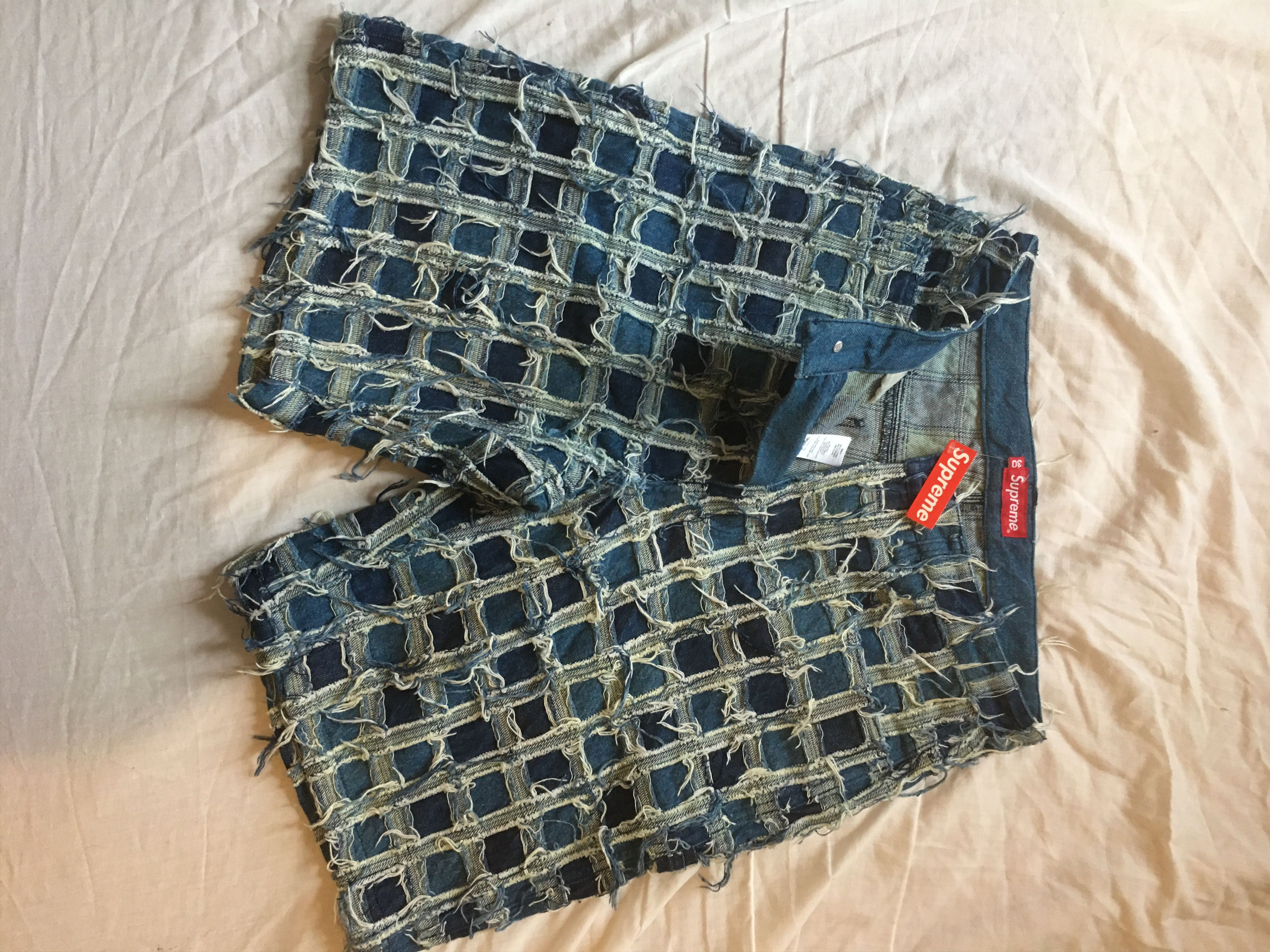 image of Hype x Supreme Frayed Patchwork Denim Baggy Shorts in Washed Blue, Men's (Size 30)