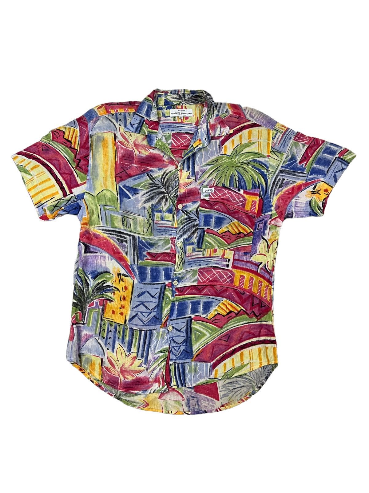Art Comes First × Guess × J Balvin 1990s Guess 🇺🇸 Multicolor Crayon Art Rayon Hawaiian Shirt Size US M / EU 48-50 / 2 - 1 Thumbnail
