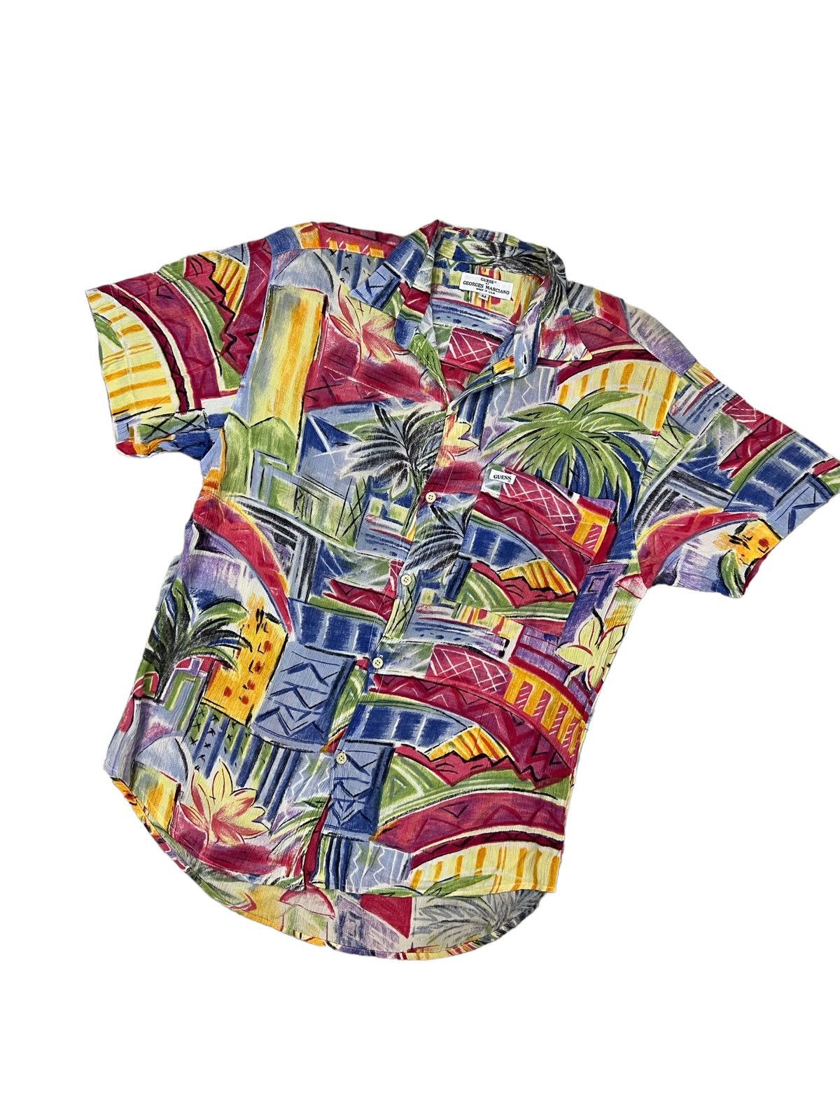 Art Comes First × Guess × J Balvin 1990s Guess 🇺🇸 Multicolor Crayon Art Rayon Hawaiian Shirt Size US M / EU 48-50 / 2 - 3 Thumbnail