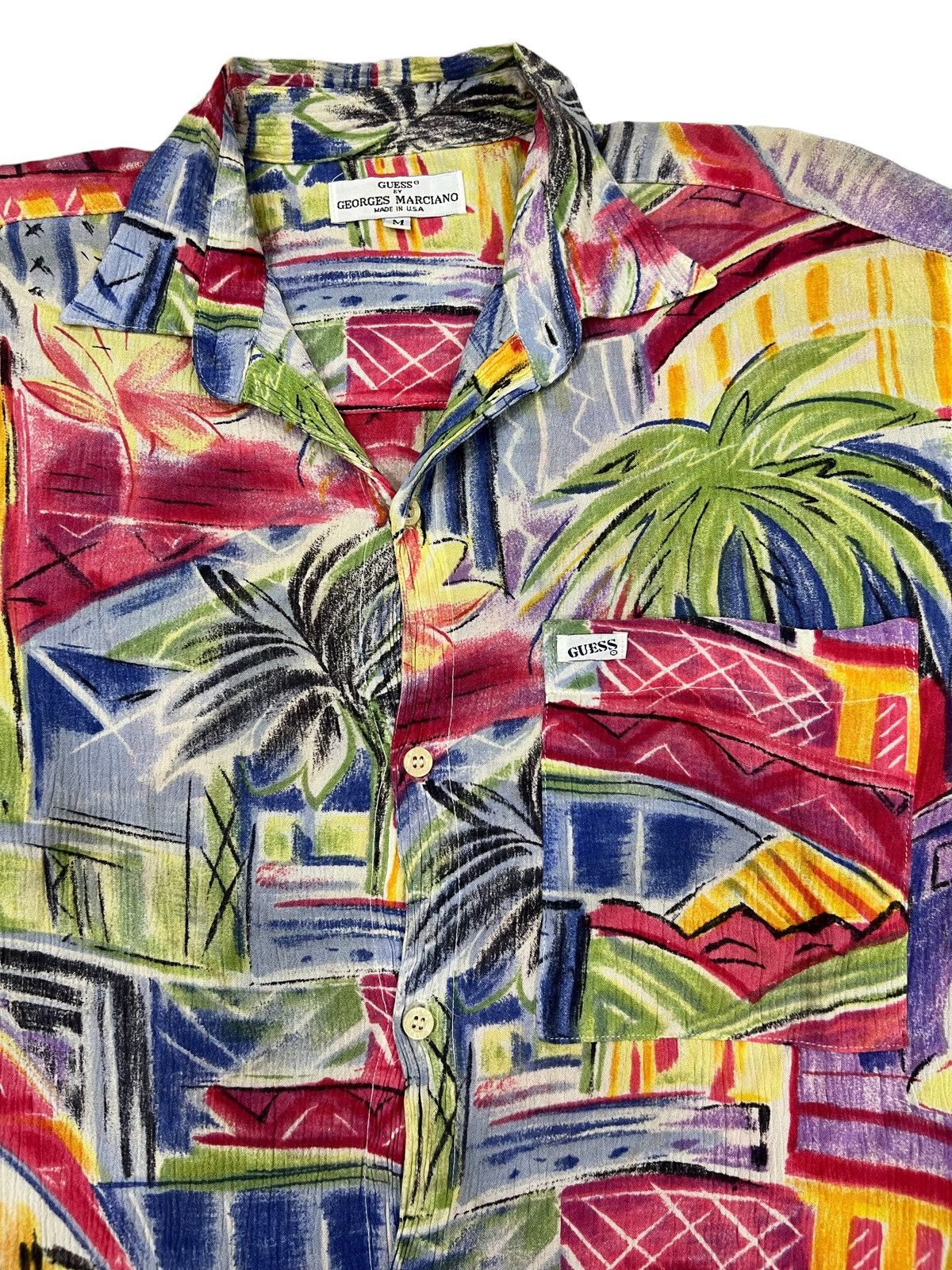 Art Comes First × Guess × J Balvin 1990s Guess 🇺🇸 Multicolor Crayon Art Rayon Hawaiian Shirt Size US M / EU 48-50 / 2 - 2 Thumbnail