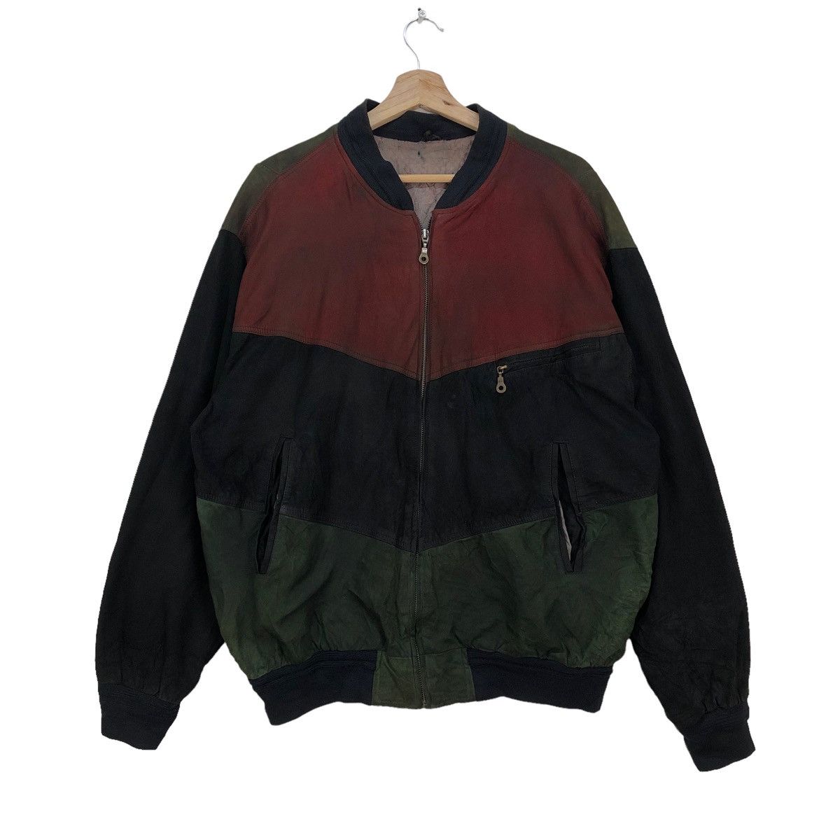 Vtg 90s Bomber Suede Leather Three Layer Colour Block Jacket