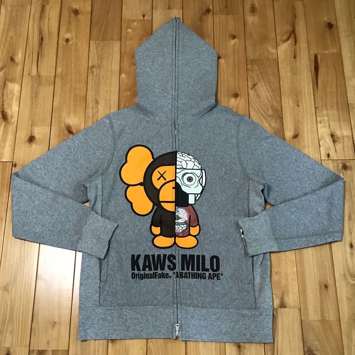 image of Bape × Original Fake × Kaws Milo Full Zip Hoodie Nigo in Grey, Men's (Size Small)