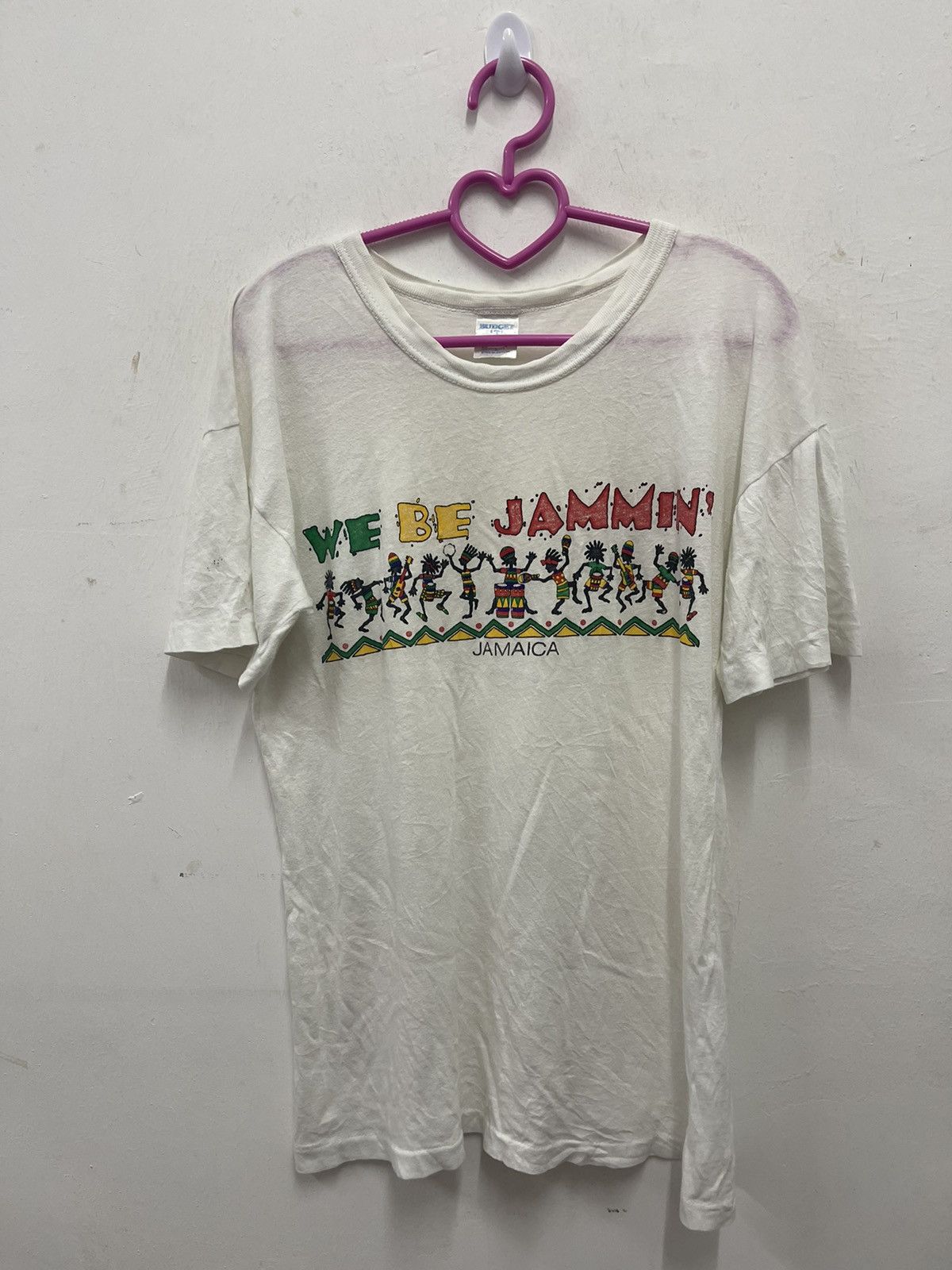 image of Vintage We Be Jammin’ Jamaica Art Tee in White, Men's (Size Small)