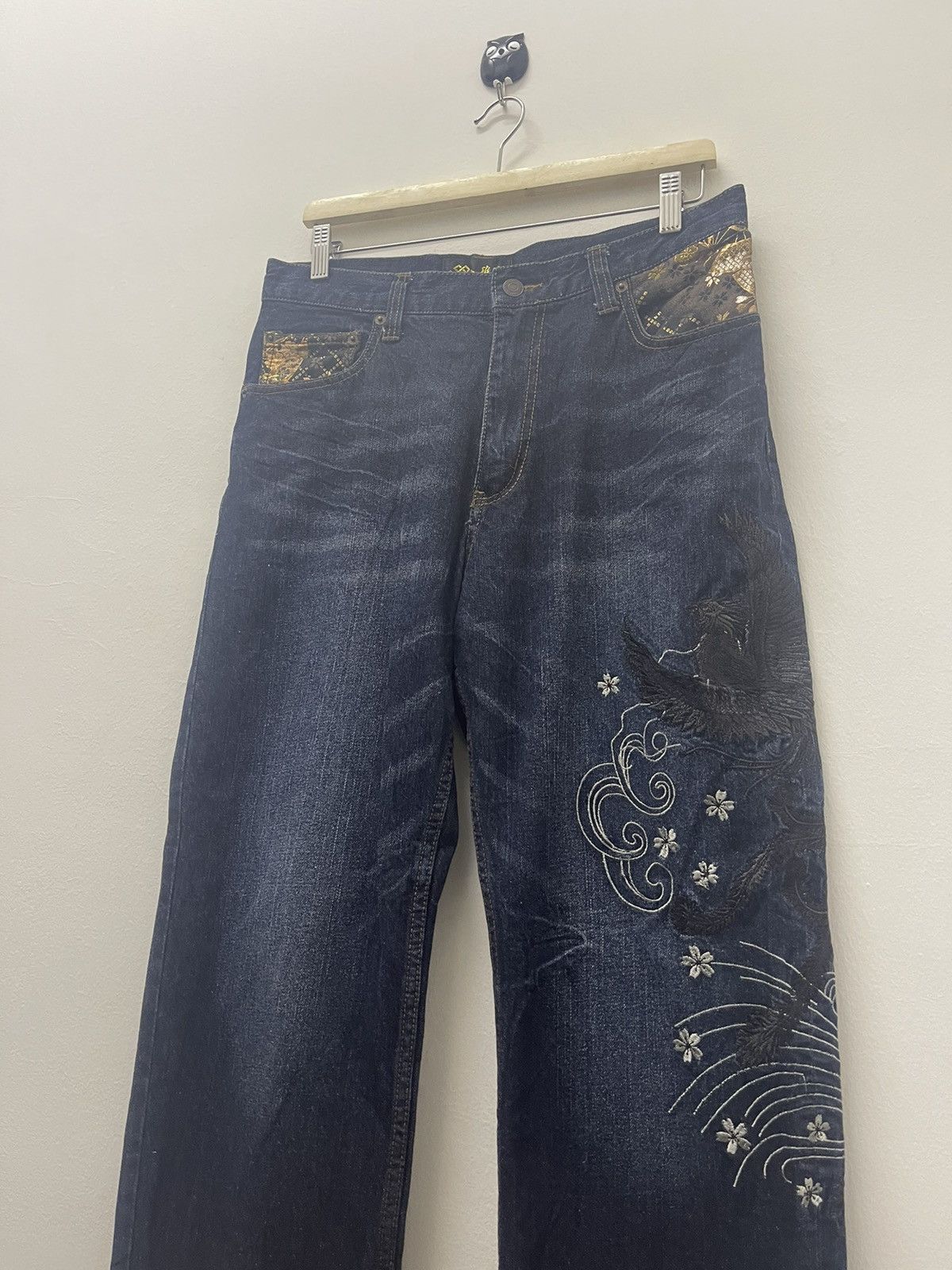 Karakuri Tamashii Rare Vintage SUKAJAN Japan Phoenix Embroidered Denim Jeans Size US 32 / EU 48 - 6 Thumbnail