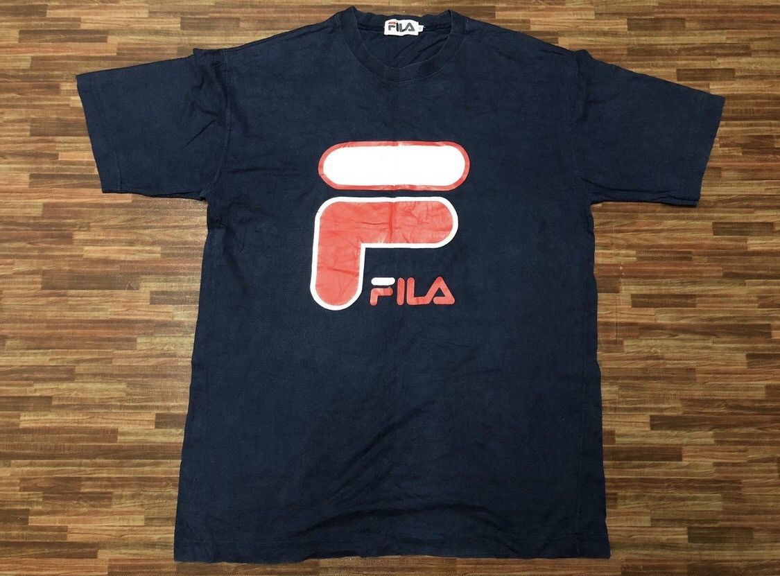 image of 90's Vintage Fila Spell Out Big Logo Shirt in Blue Black, Men's (Size XL)