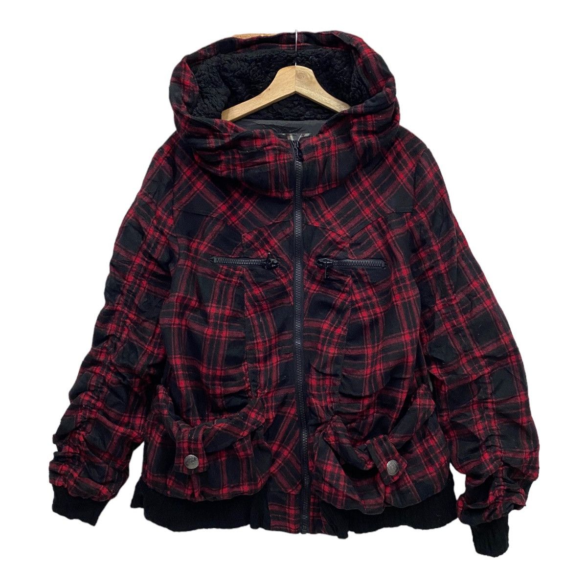 image of Avant Garde x Flannel Dig Deep Tartan Red Multi Pocket Sherpa Shearling Jacket in Red Tartan (Size 