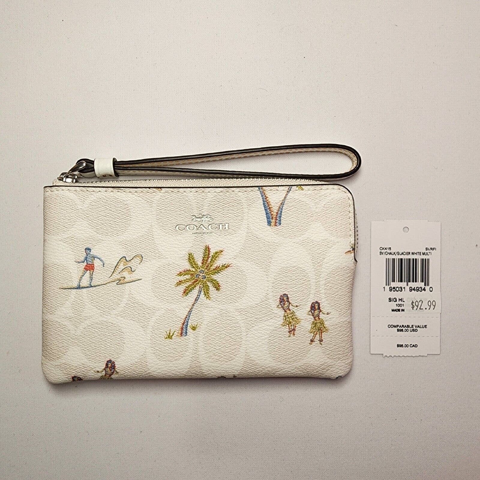 Coach Corner Zip Wristlet In Signature Canvas With Hula Print