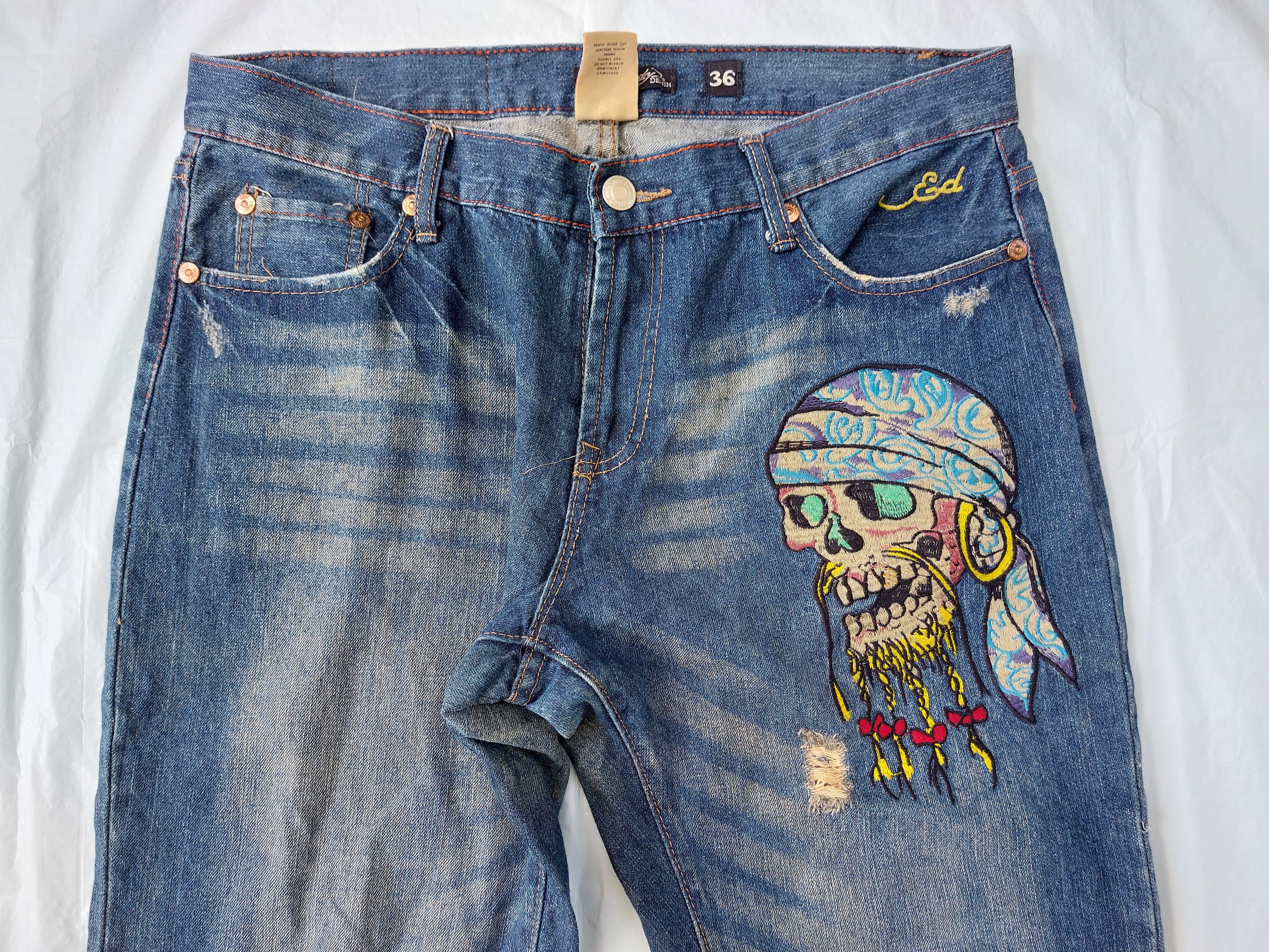 Christian Audigier ED HARDY by CHRISTIAN AUDIGIER distressed embroidered denim Size US 36 / EU 52 - 3 Thumbnail