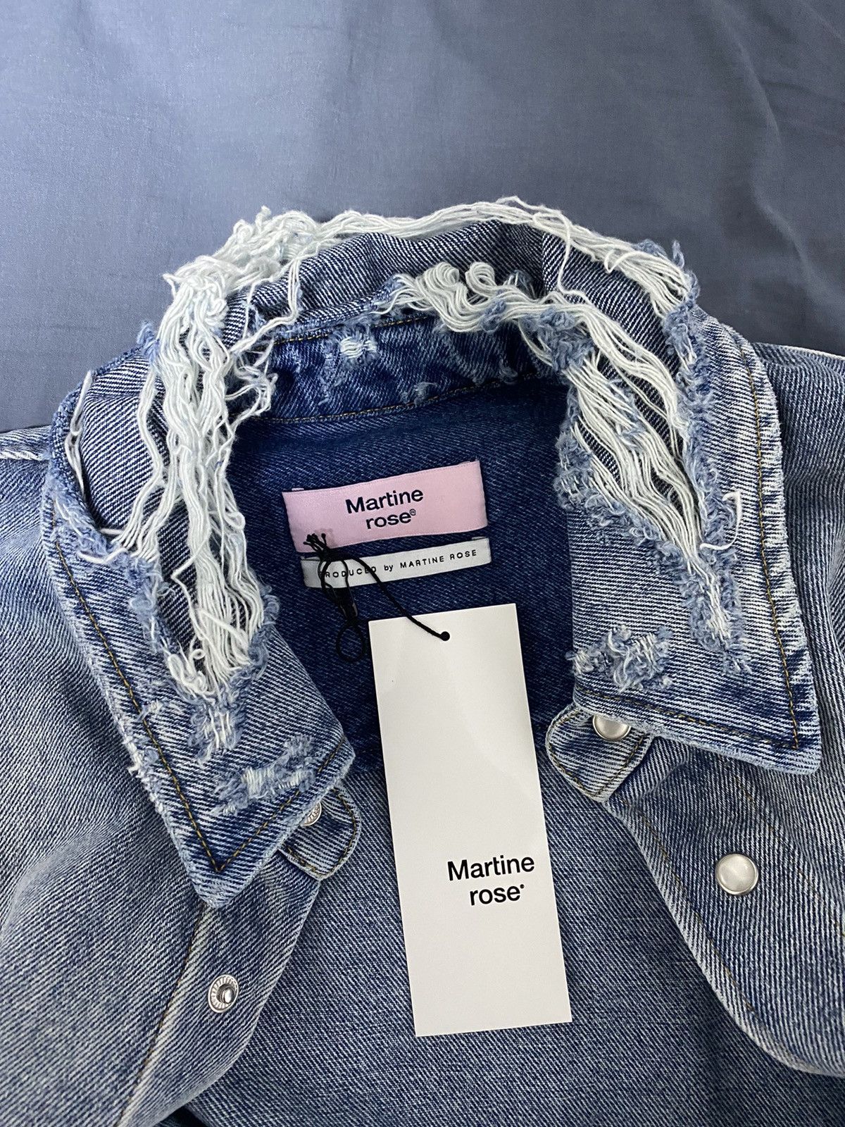 Martine Rose Distressed-collar boxy-fit logo denim overshirt Size US M / EU 48-50 / 2 - 3 Thumbnail