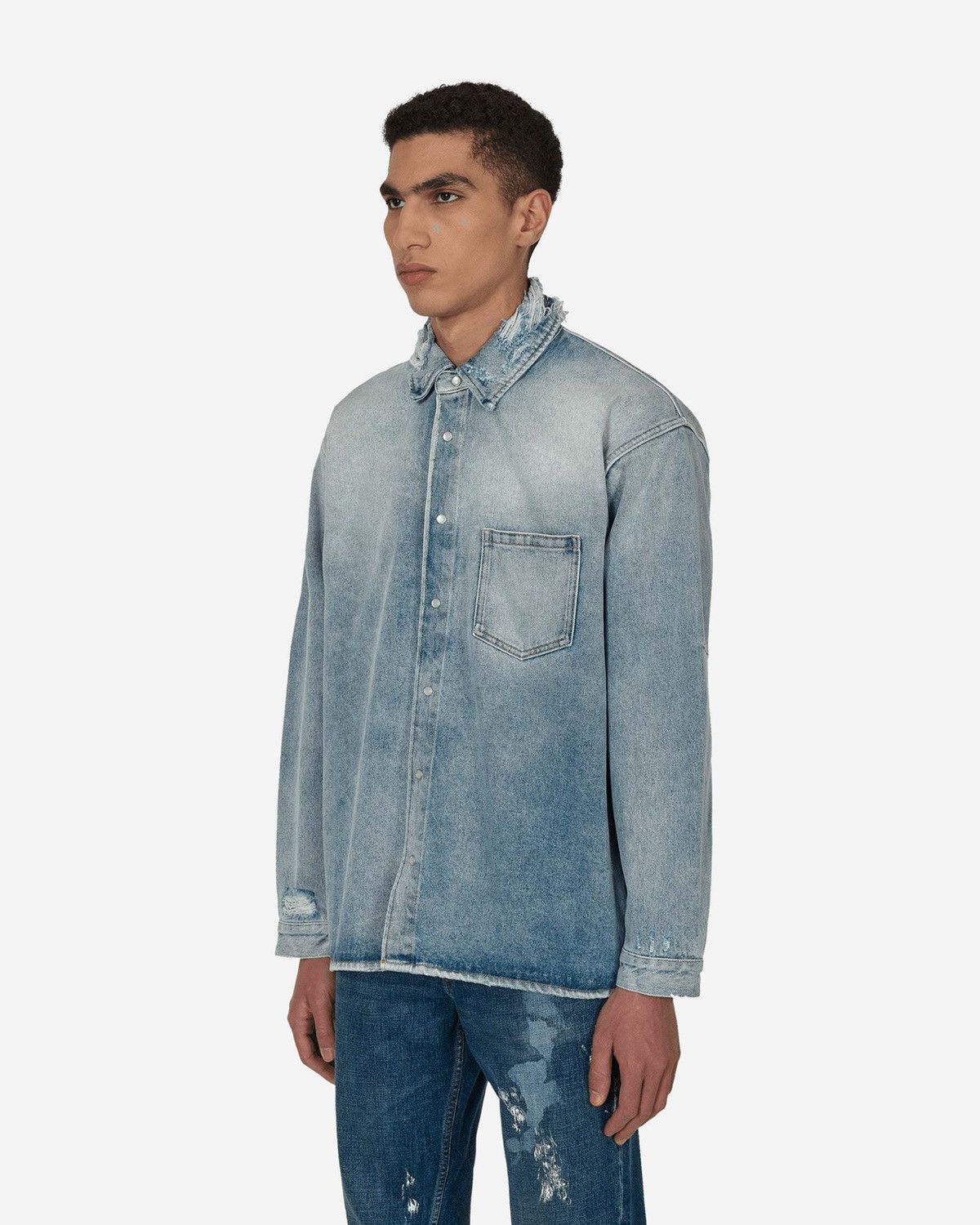 Martine Rose Distressed-collar boxy-fit logo denim overshirt Size US M / EU 48-50 / 2 - 8 Thumbnail