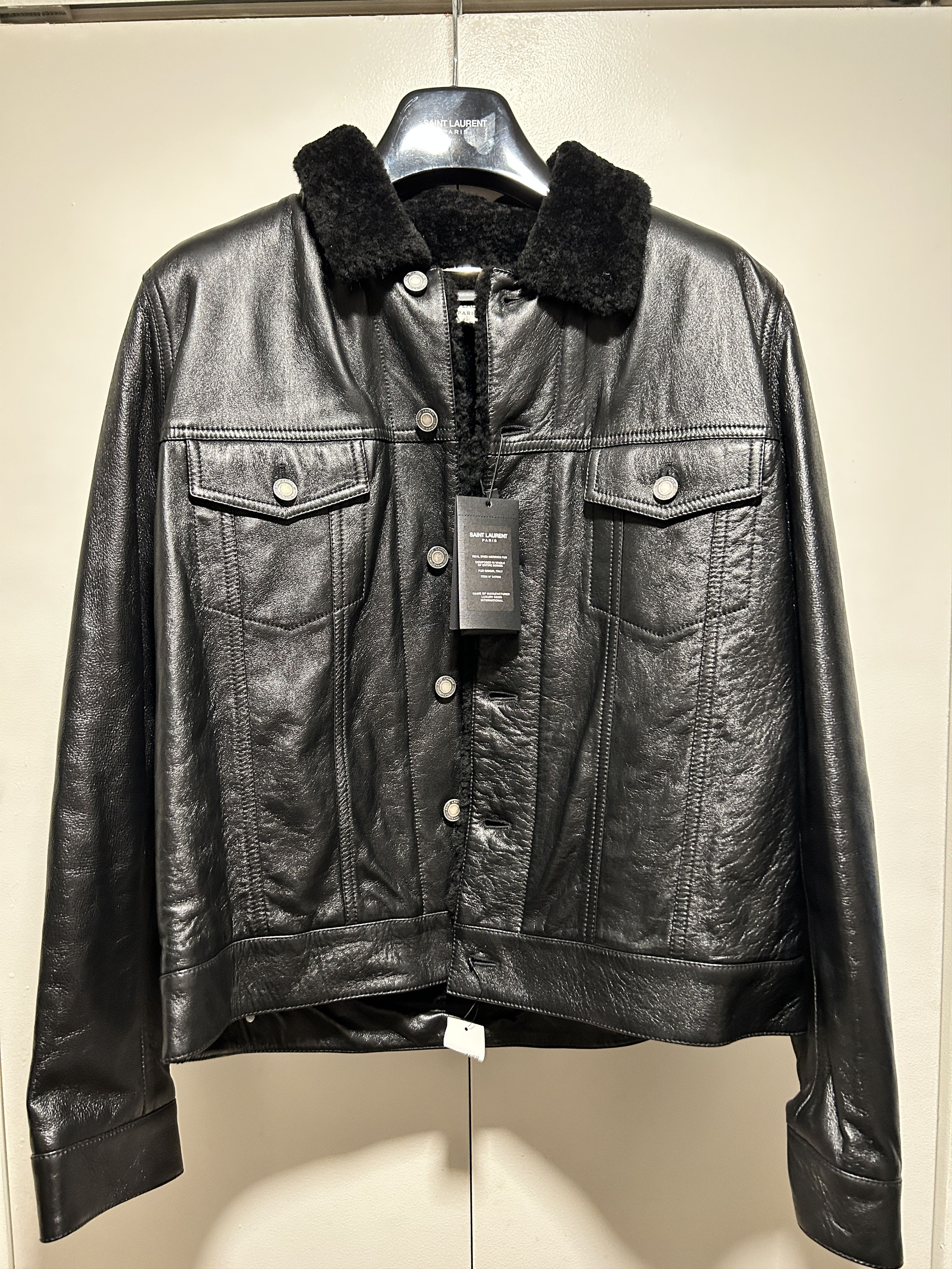 Yves Saint Laurent Shearling Jacket Leather Black Bomber Flight F/W 19 Size US M / EU 48-50 / 2 - 1 Thumbnail