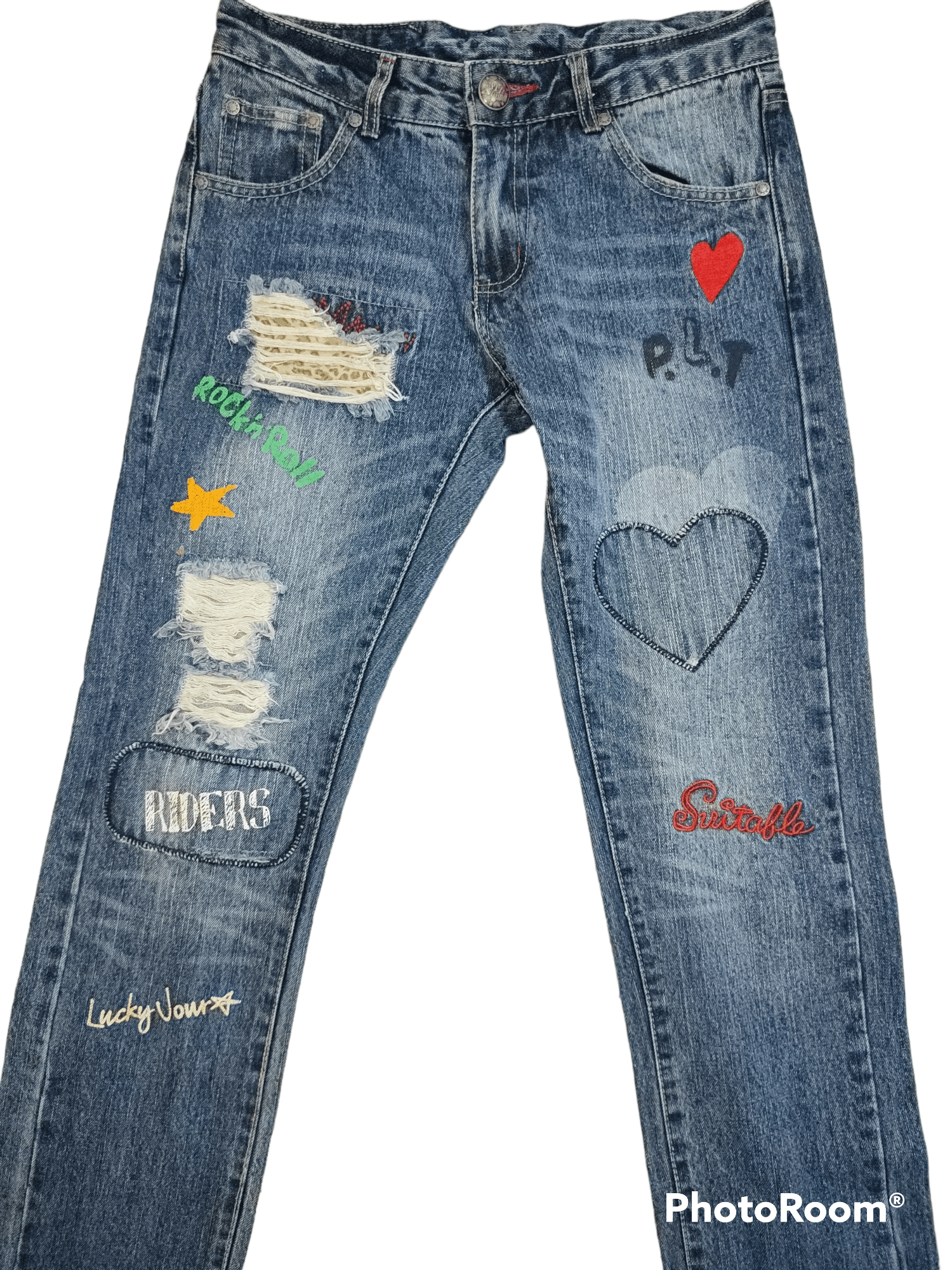Japanese Brand PLT Distressed Patchwork Jeans Size 29" - 4 Thumbnail