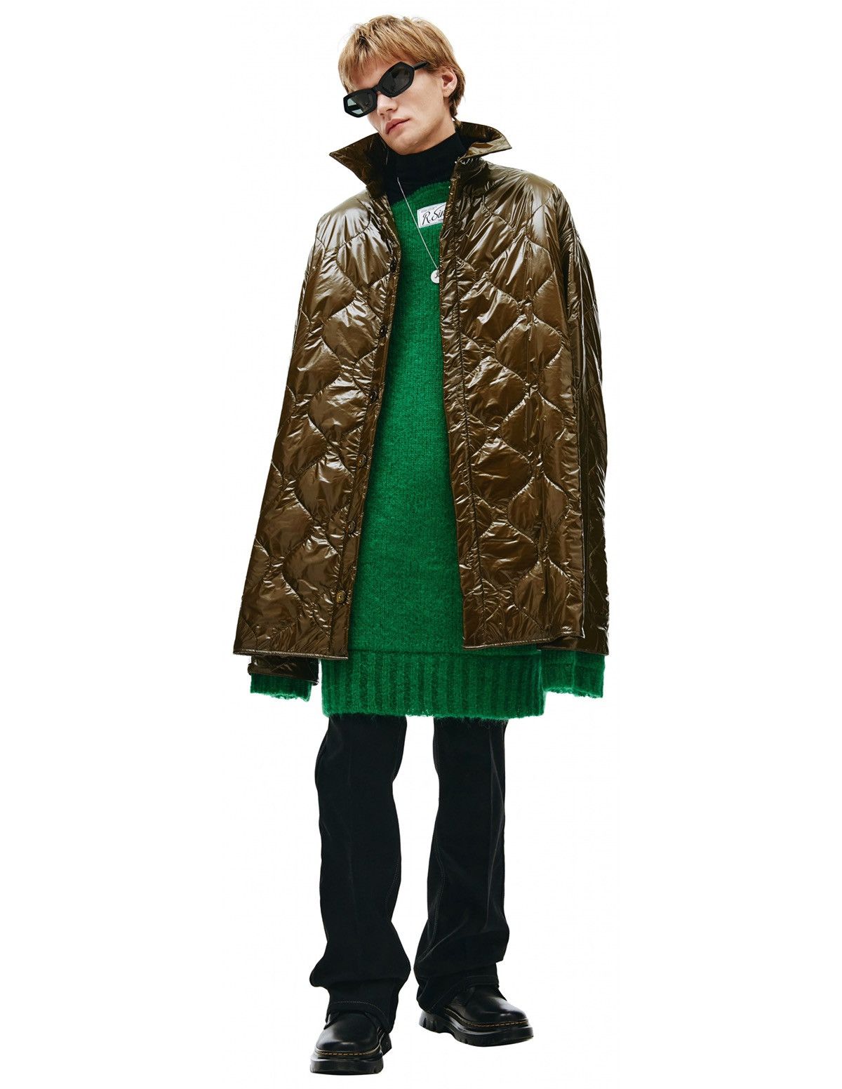 Image of Raf Simons Quilted High-Shine Coat in Khaki, Men's (Size XL)