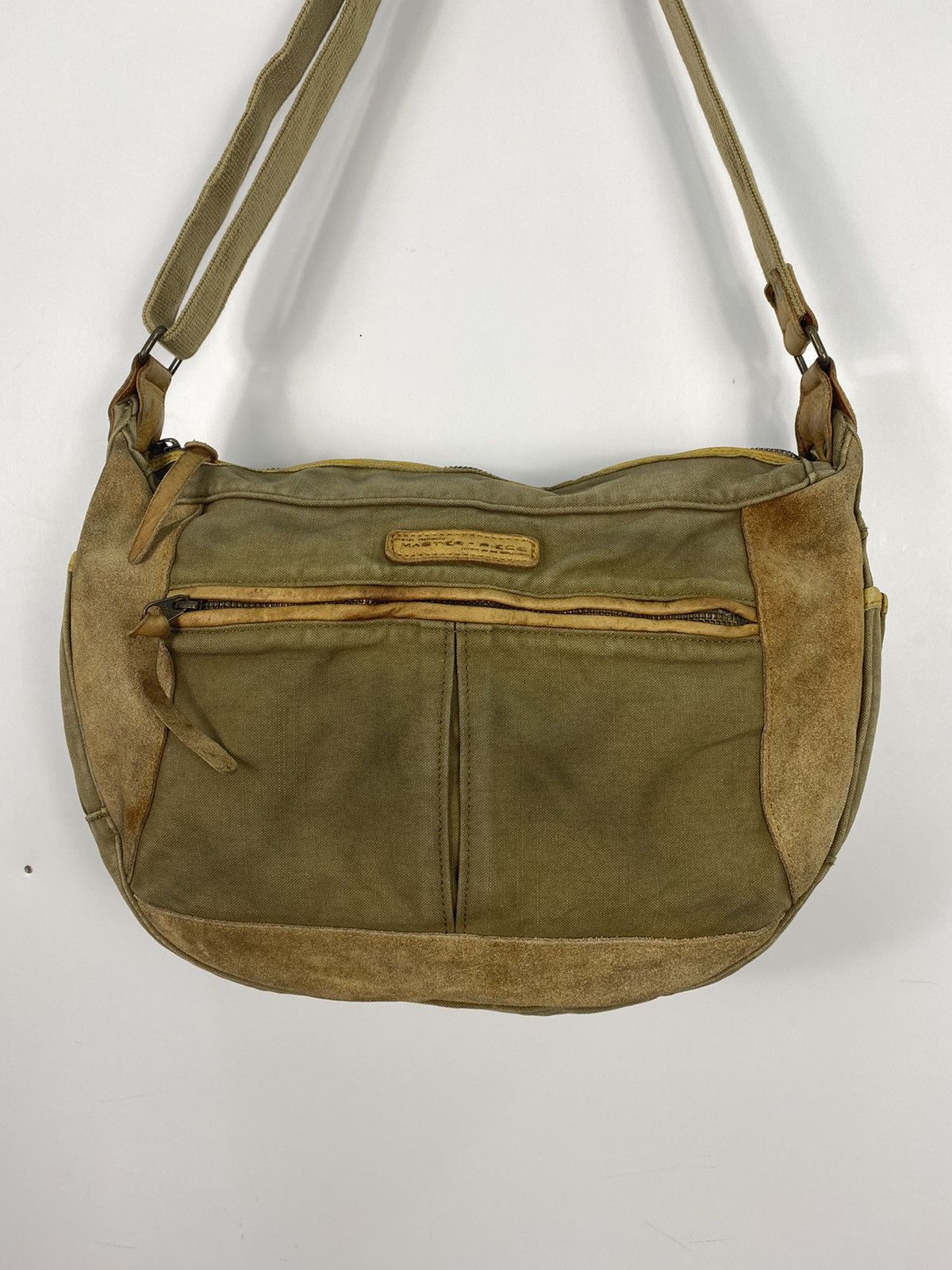 image of Masterpiece Japan Suede Leather Crossbody Sling Bag in Olive, Men's