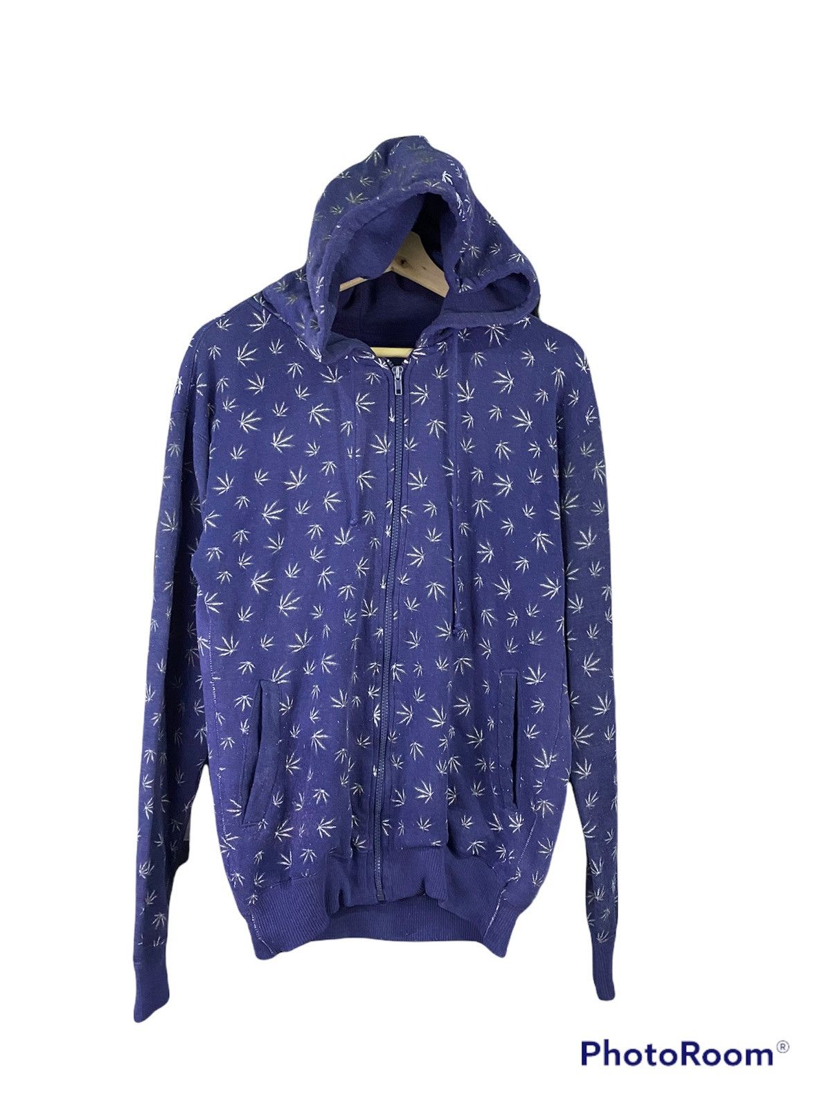 image of Must Go Vintage Marijuana Fullprint Hoodie Sweatshirt in Blue, Men's (Size Medium)