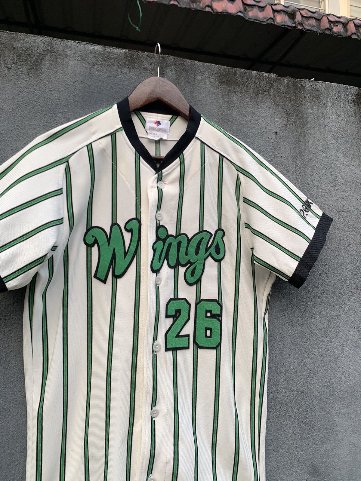 Image of Descente Vintage Wings 26 Beautiful Striped Baseball Jersey in White, Men's (Size Small)