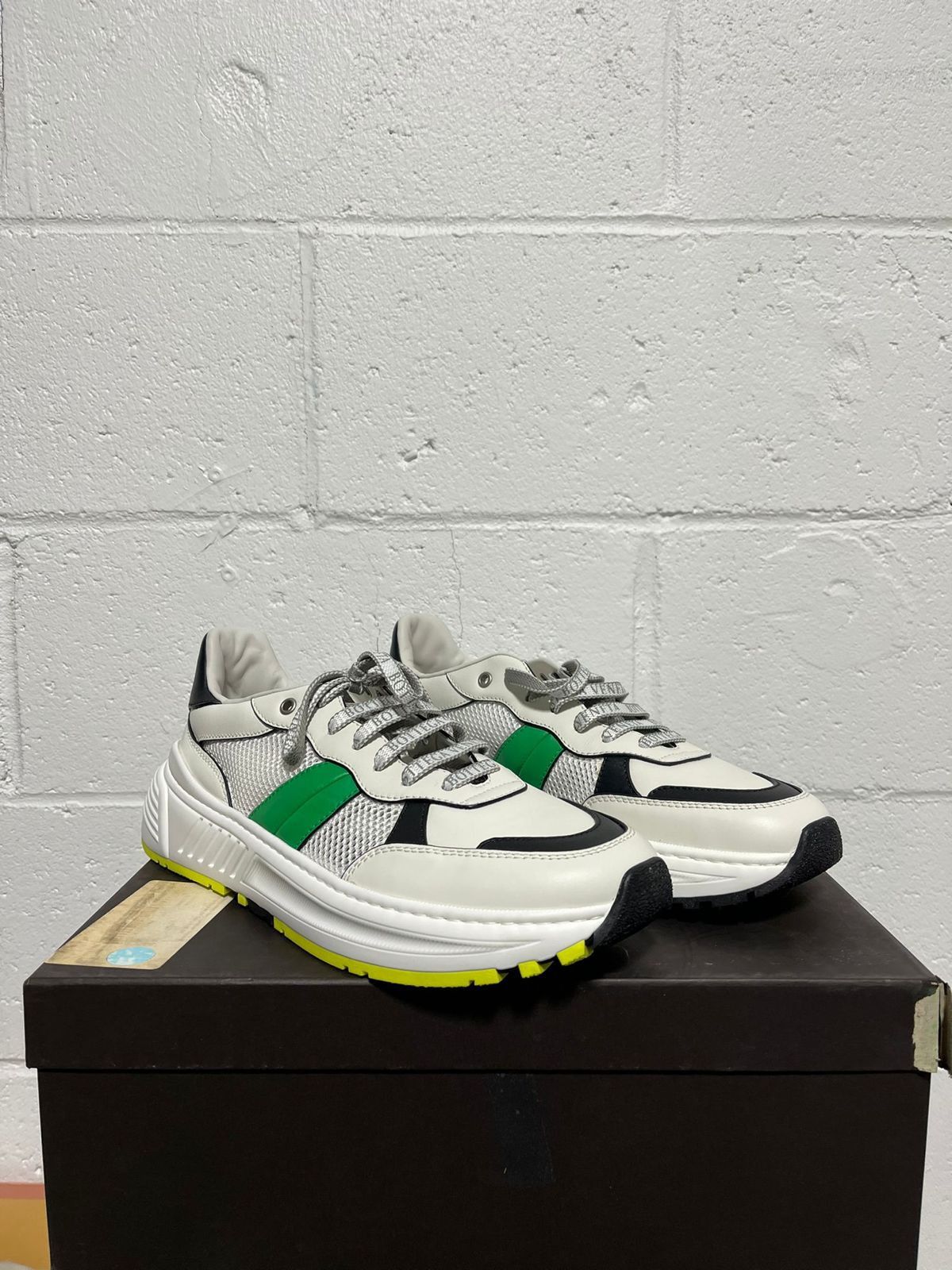 image of Bottega Veneta Speedster Calf Trainer In White - Black - Green Shoes in White/Black/Green (Size 11)