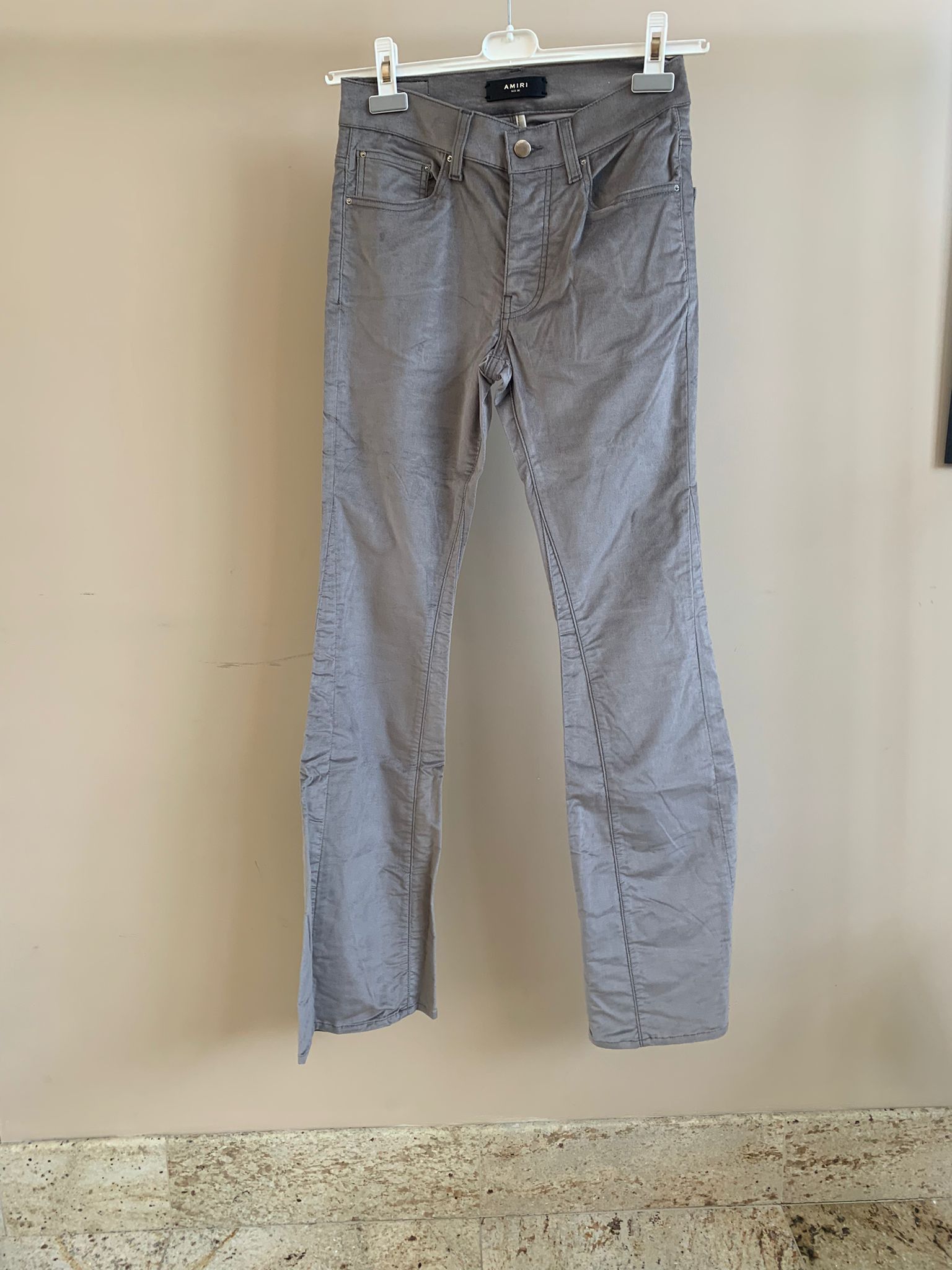 image of Amiri Velour Flare Denim in Slate Grey, Men's (Size 30)