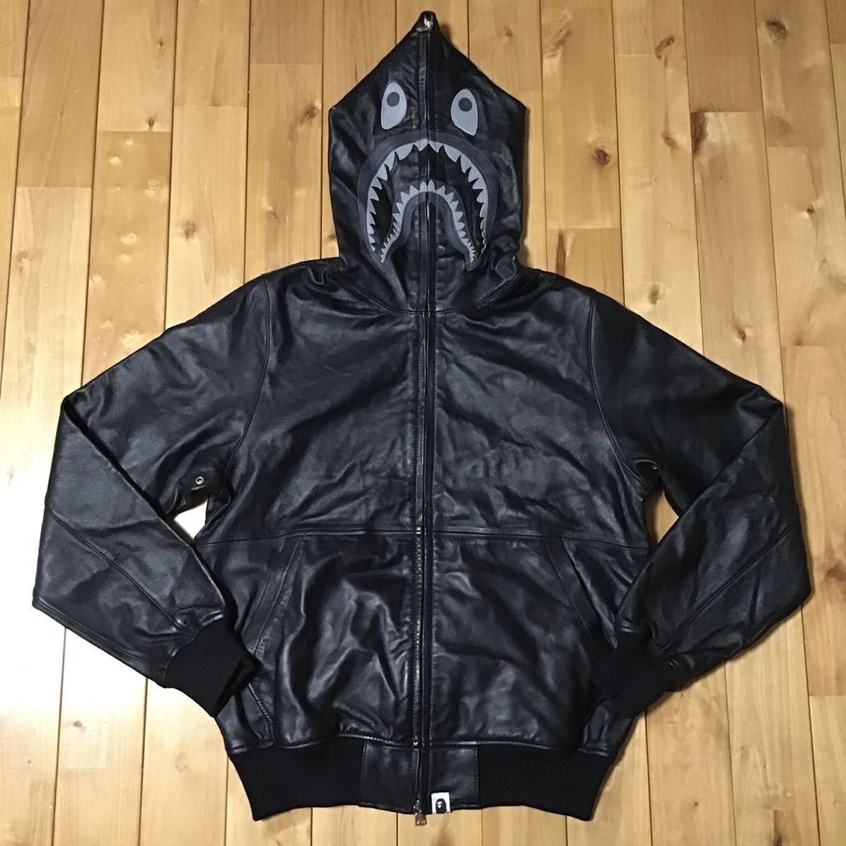 image of Sheepskin Leather Shark Full Zip Hoodie Jacket Bape Ape in Black, Men's (Size Small)